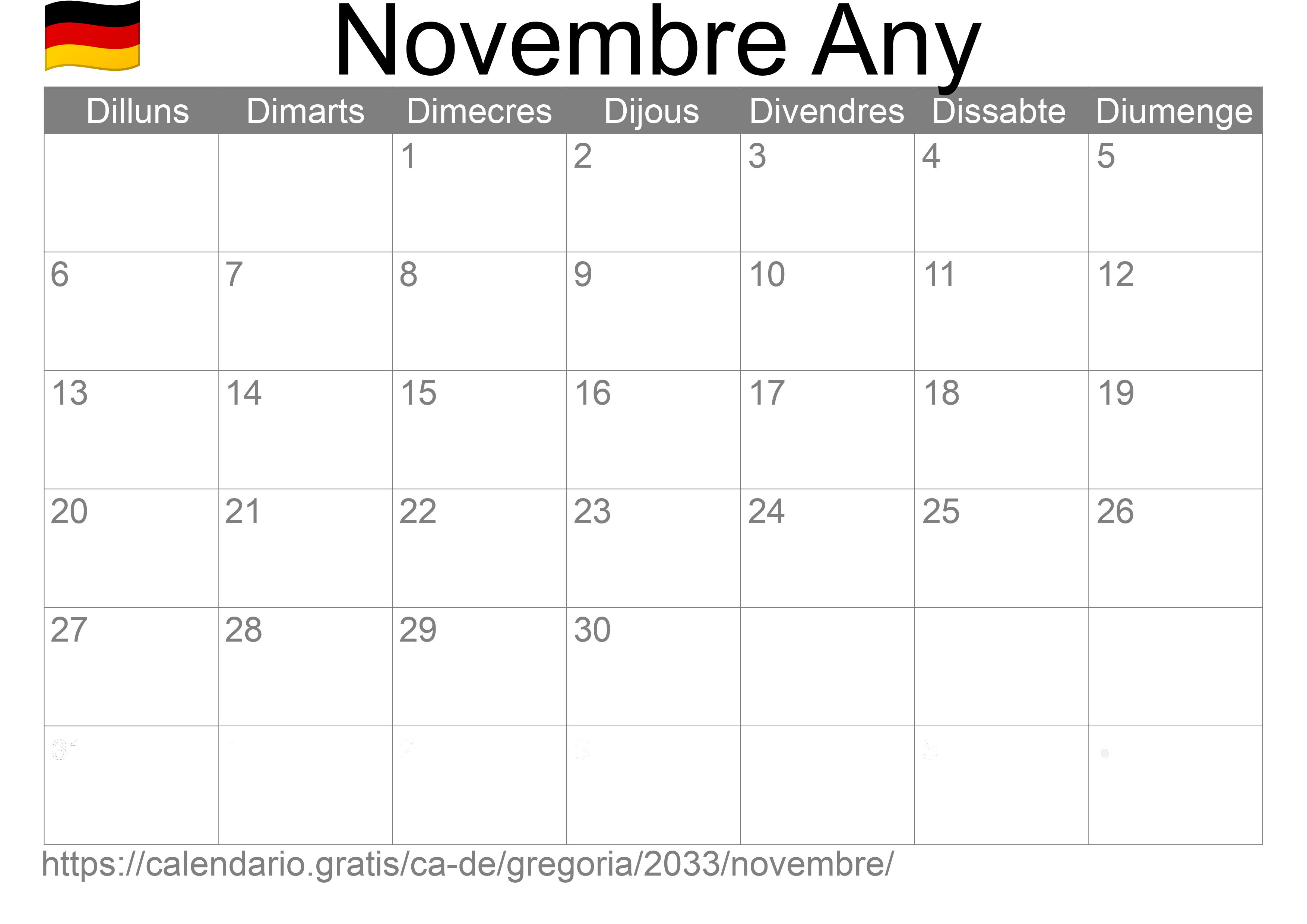 Calendari Novembre 2033 per imprimir