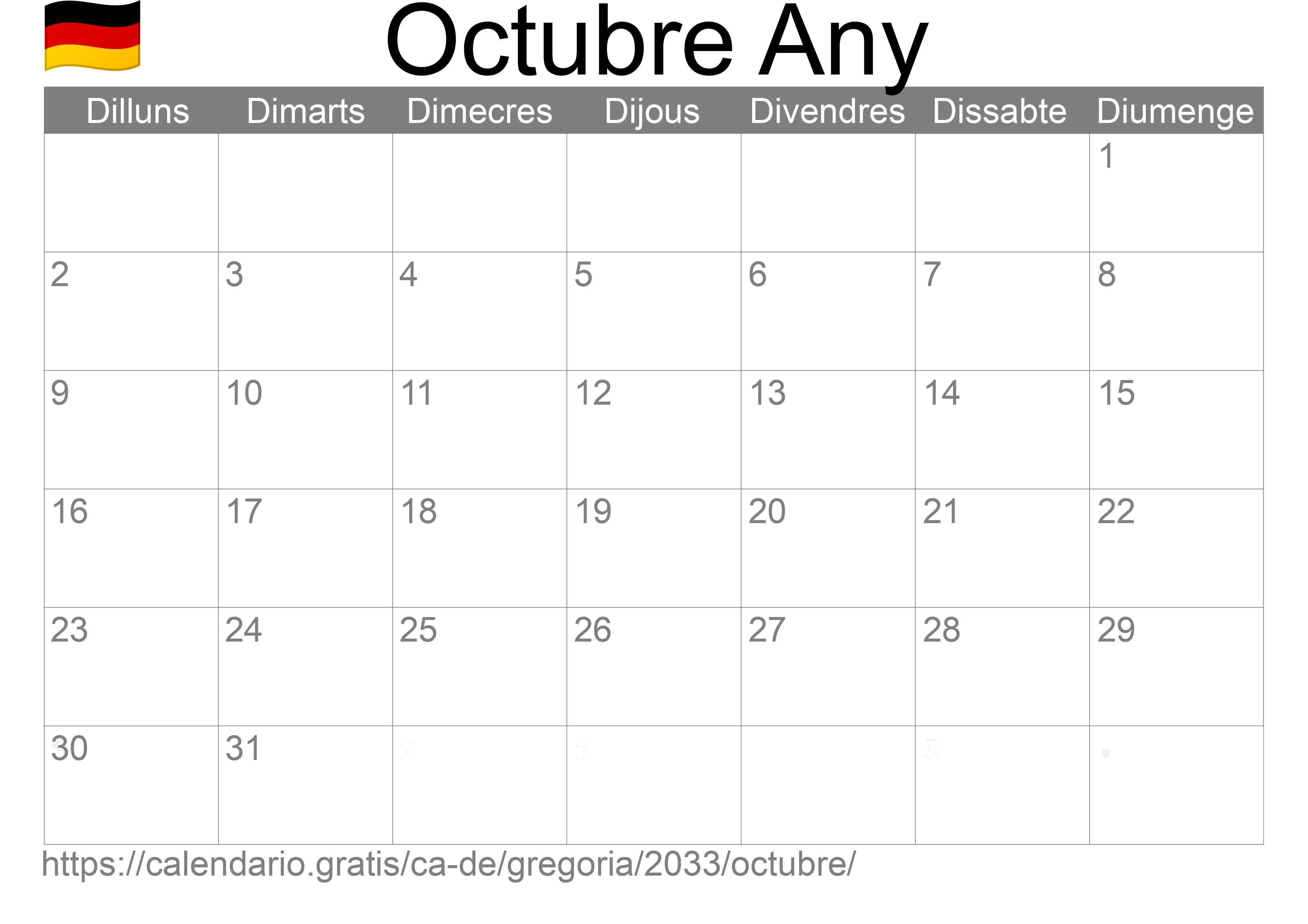 Calendari Octubre 2033 per imprimir