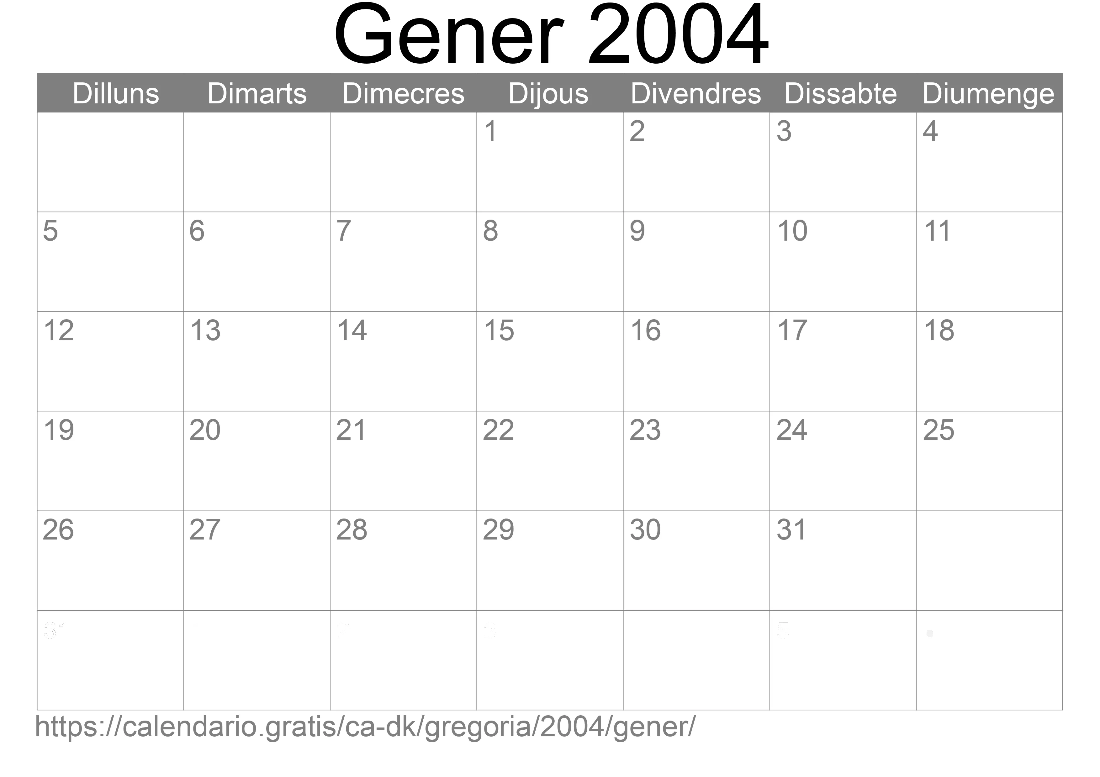 Calendari Gener 2004 per imprimir (Dinamarca)