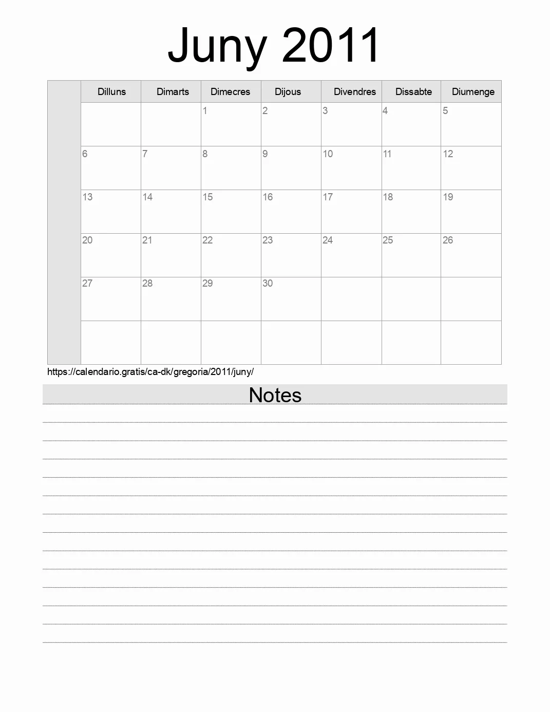 Calendari de Juny 2011 per imprimir amb notes. (Dinamarca)