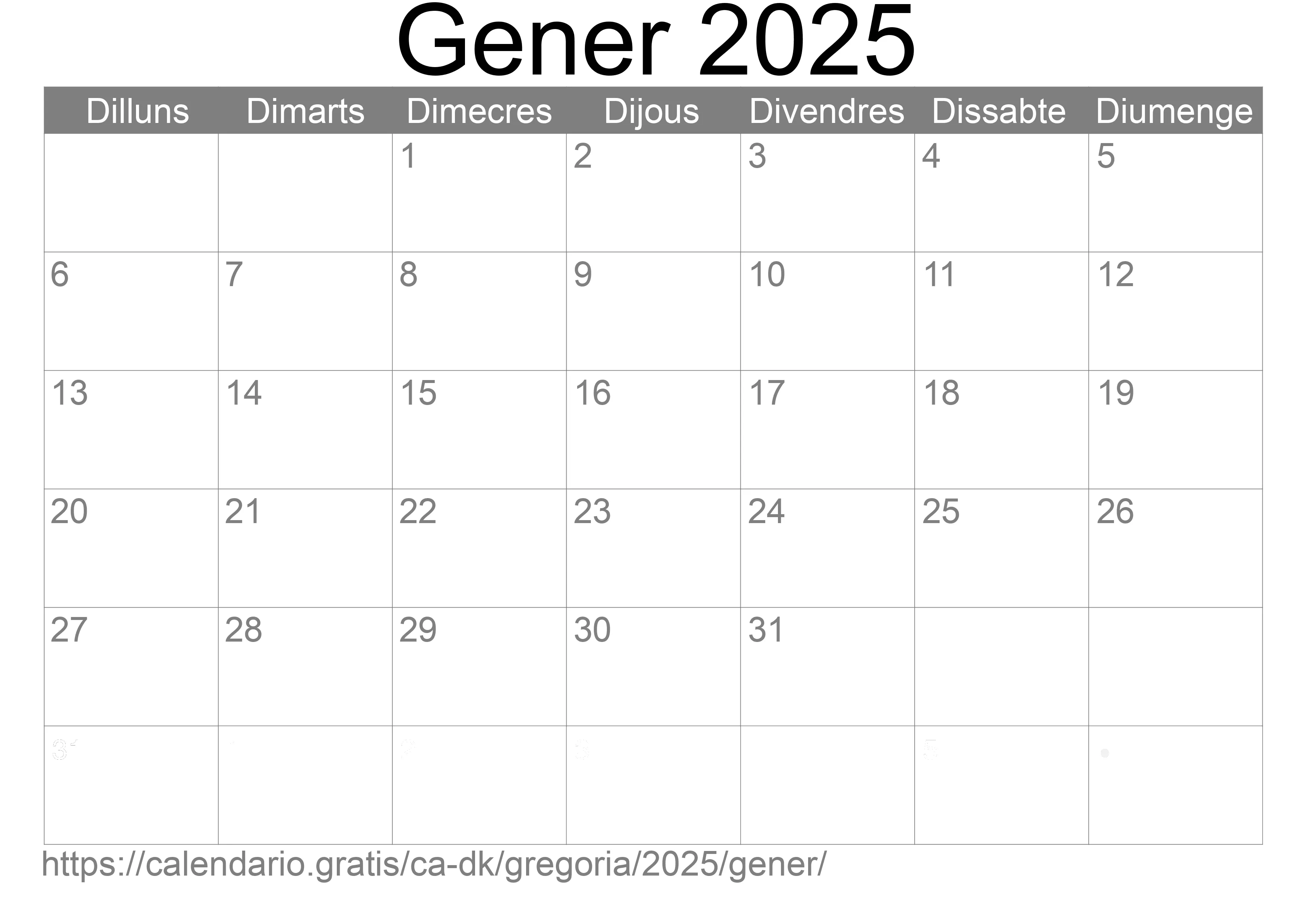 Calendari Gener 2025 per imprimir (Dinamarca)