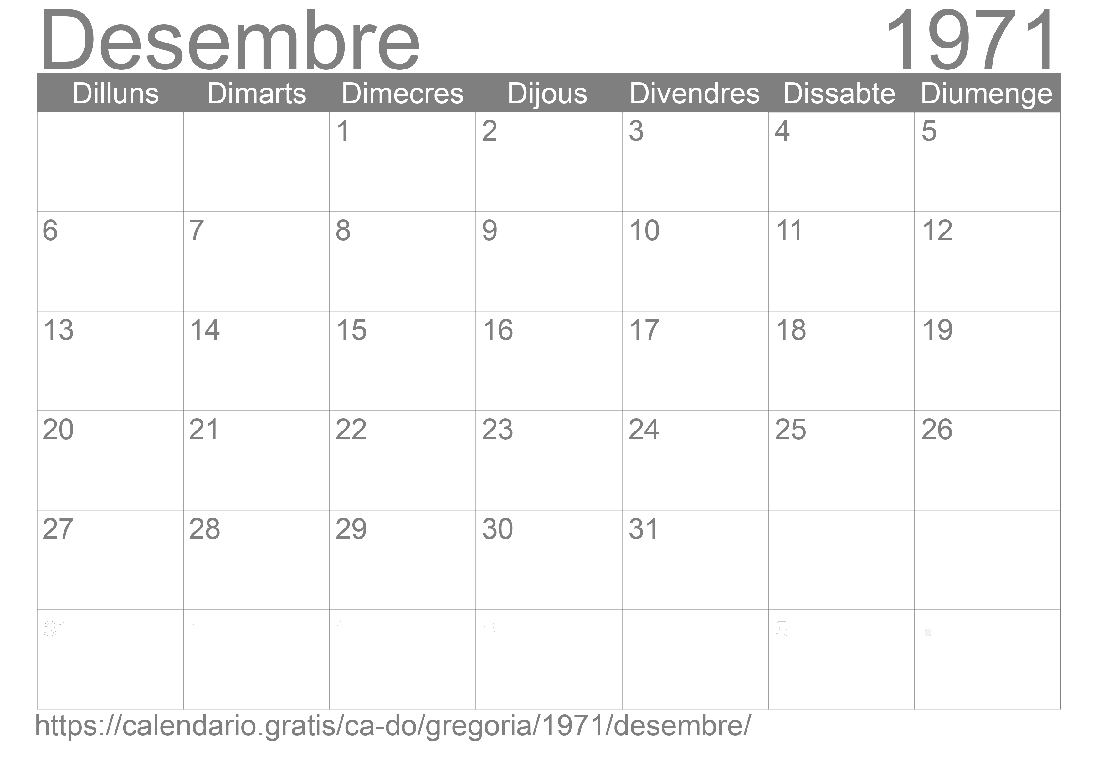 Calendari Desembre 1971 per imprimir