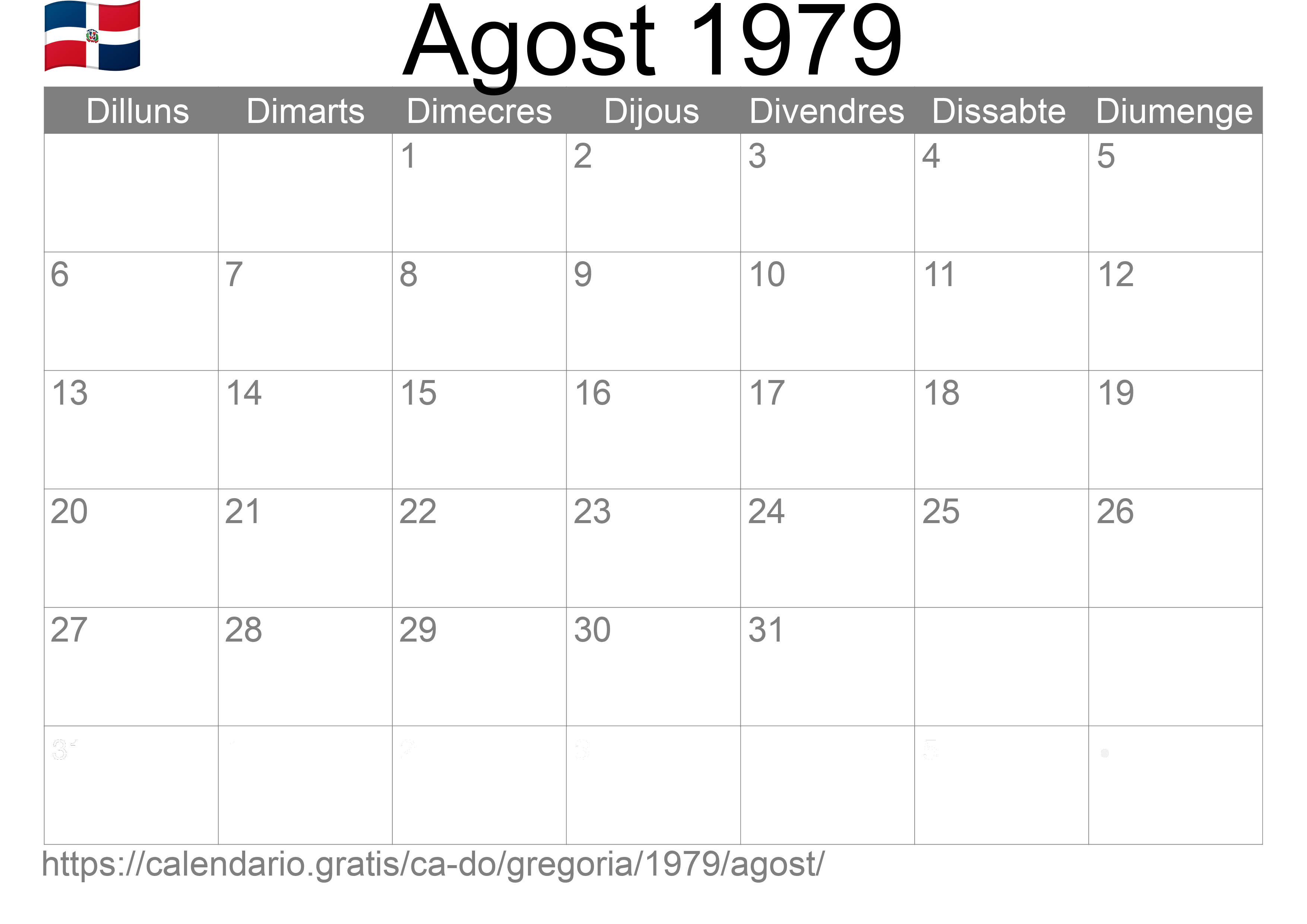 Calendari Agost 1979 per imprimir