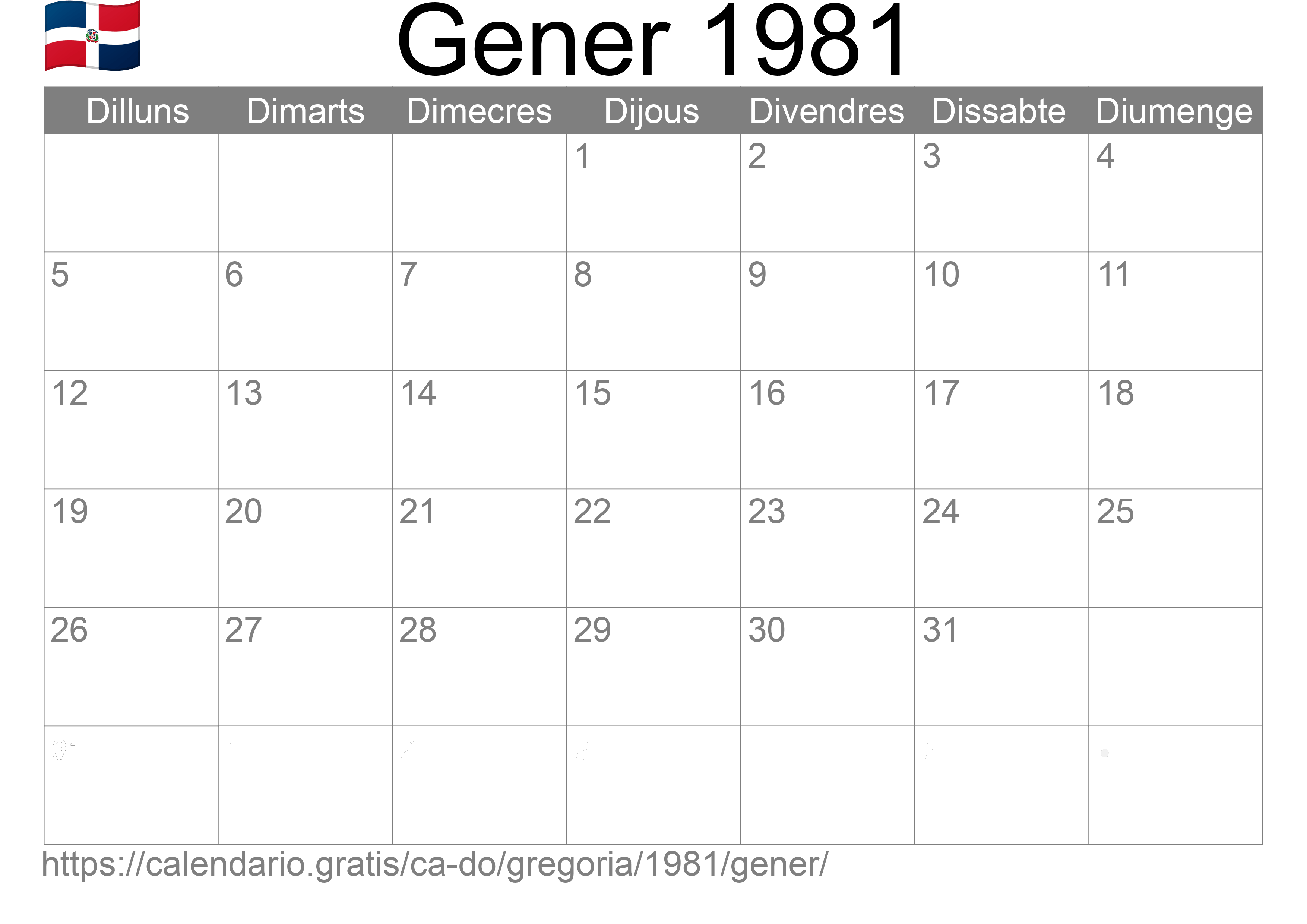 Calendari Gener 1981 per imprimir