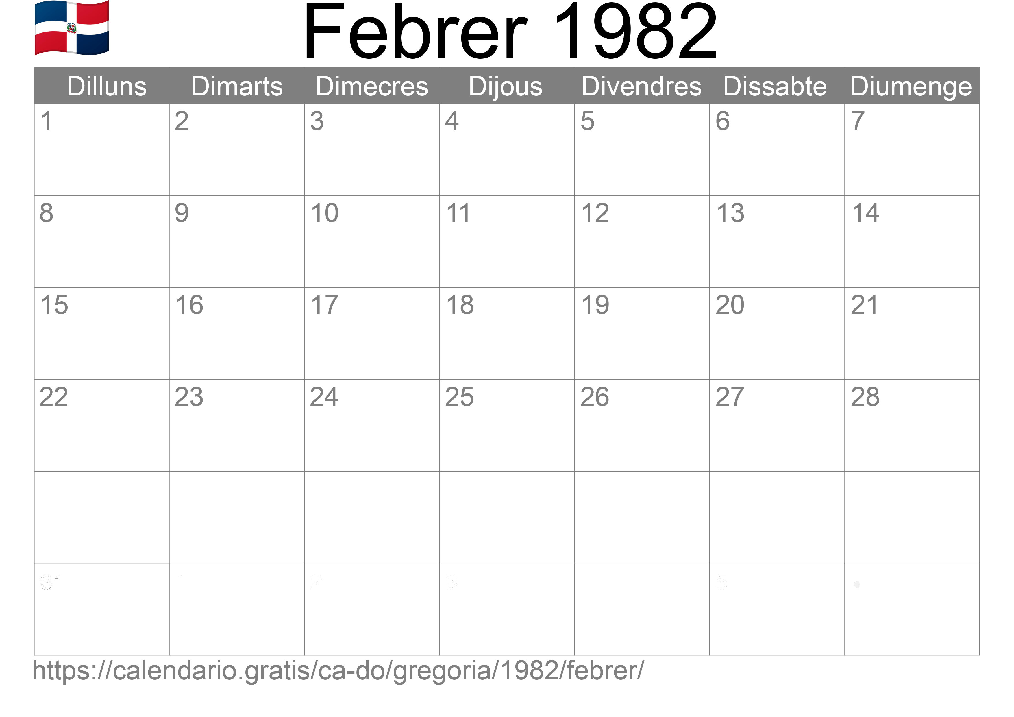 Calendari Febrer 1982 per imprimir