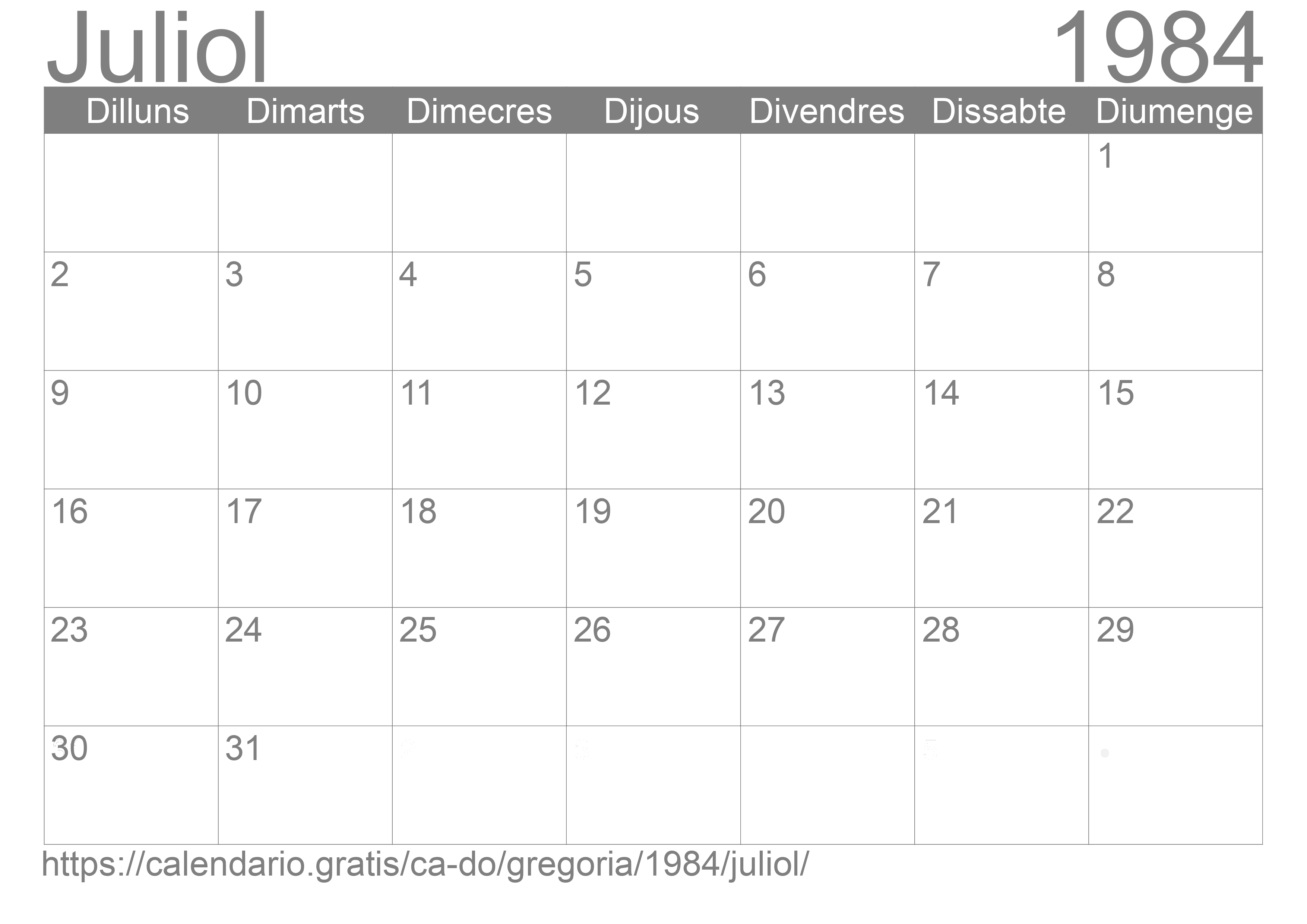 Calendari Juliol 1984 per imprimir