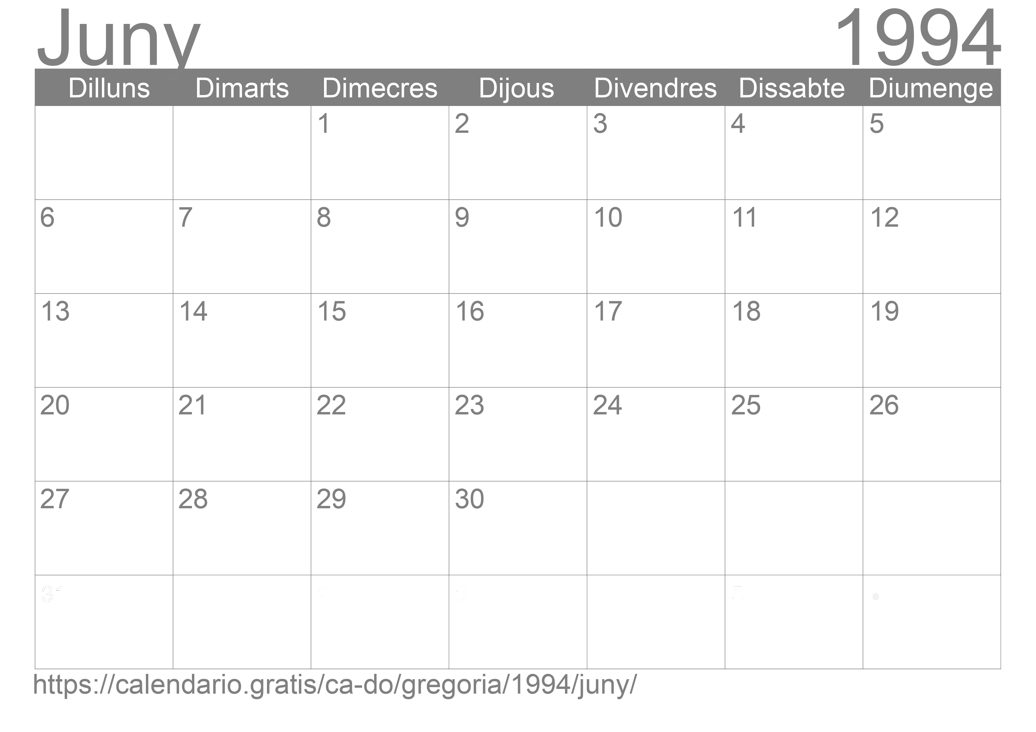 Calendari Juny 1994 per imprimir