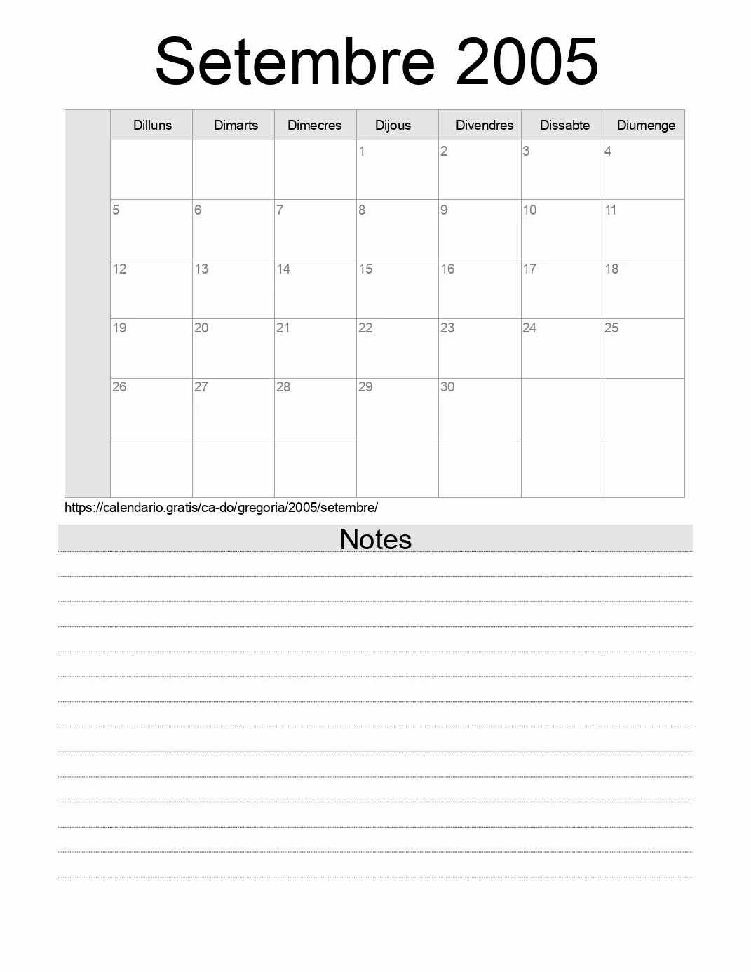 Calendari de Setembre 2005 per imprimir amb notes. (República Dominicana)