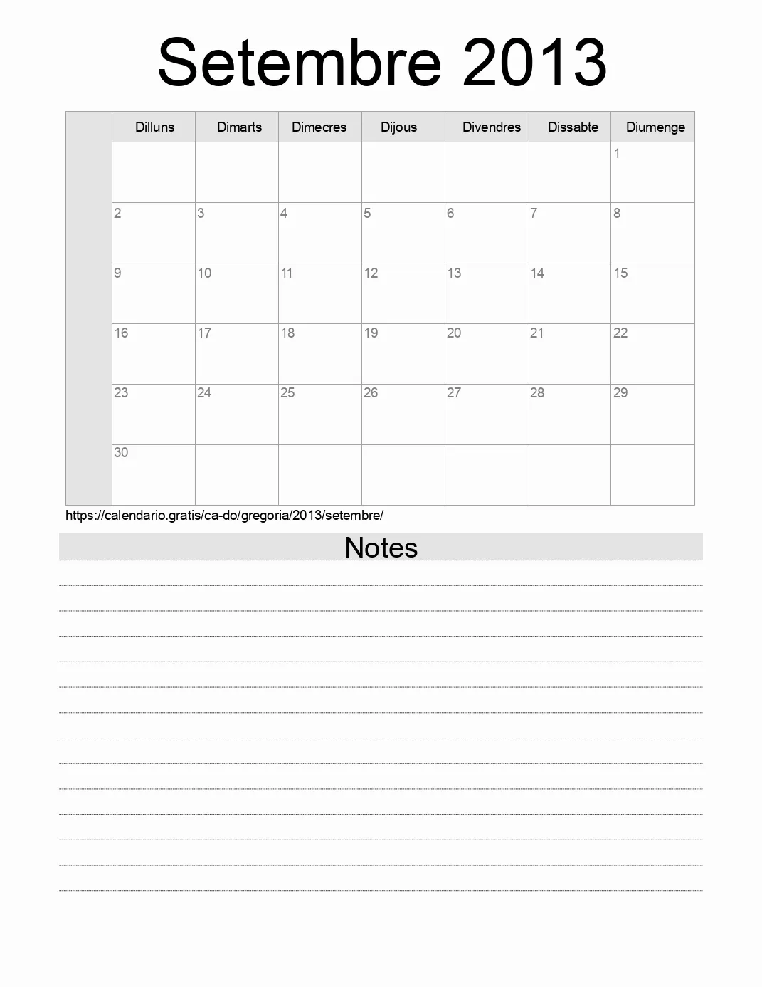 Calendari de Setembre 2013 per imprimir amb notes. (República Dominicana)