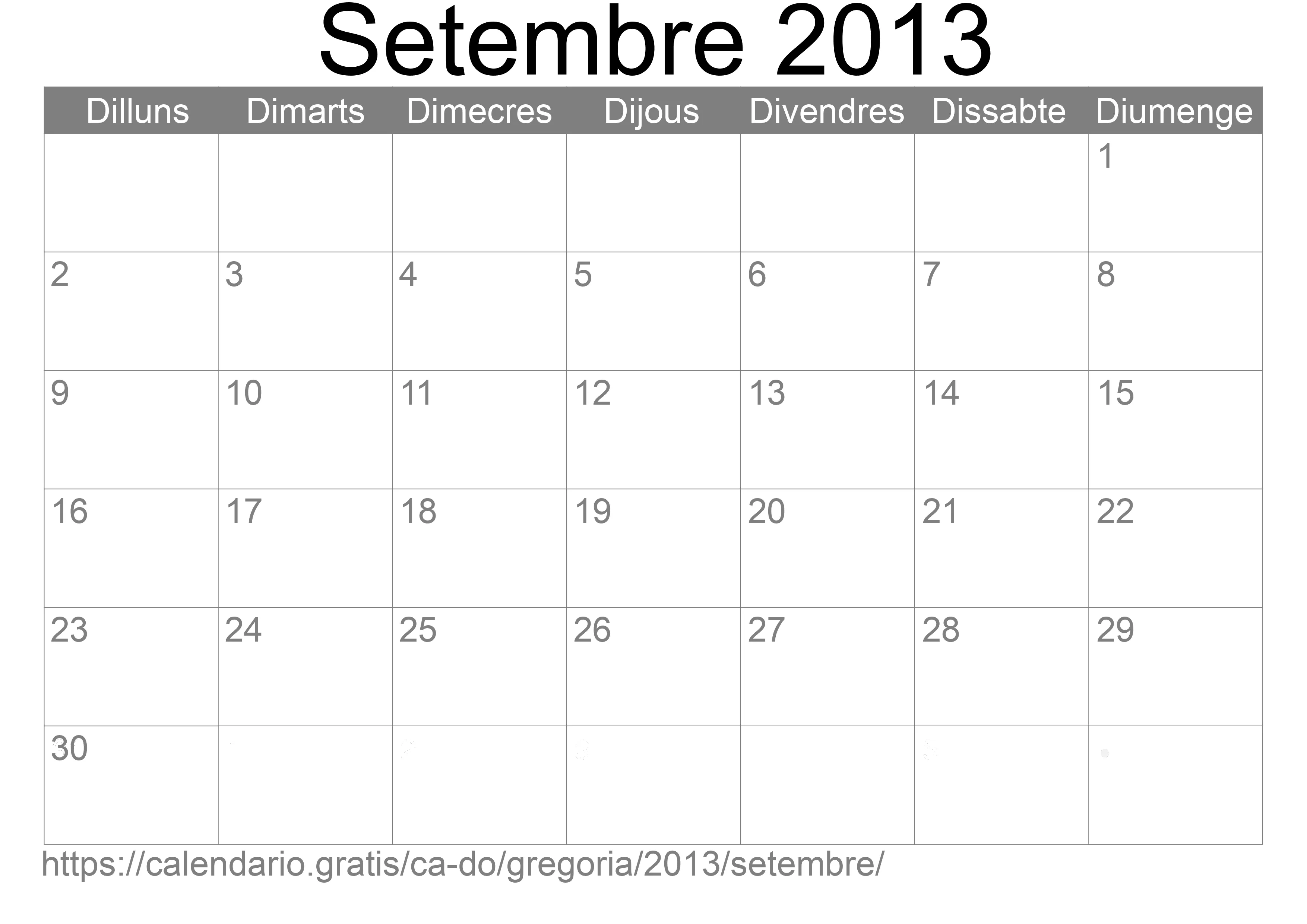 Calendari Setembre 2013 per imprimir (República Dominicana)