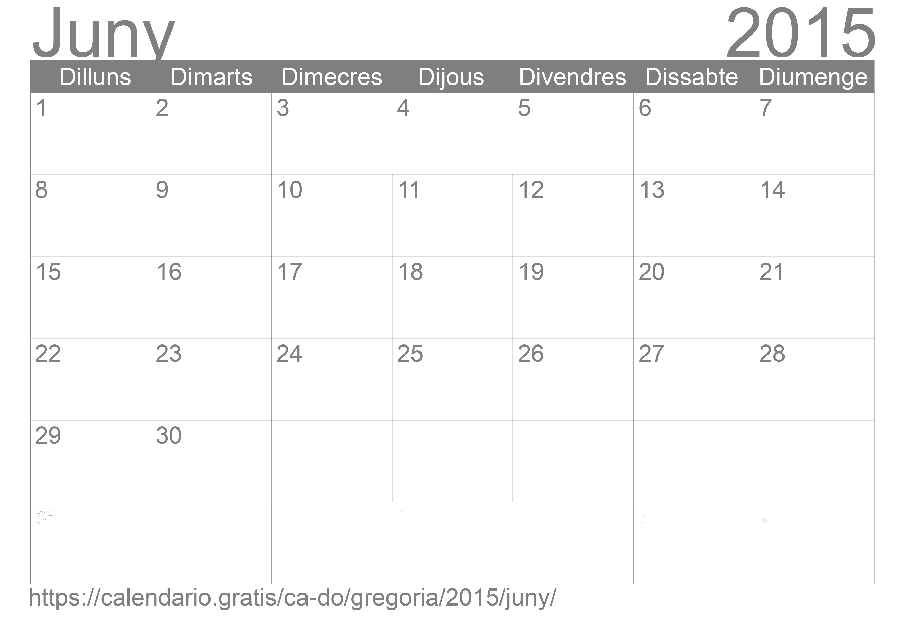 Calendari Juny 2015 per imprimir