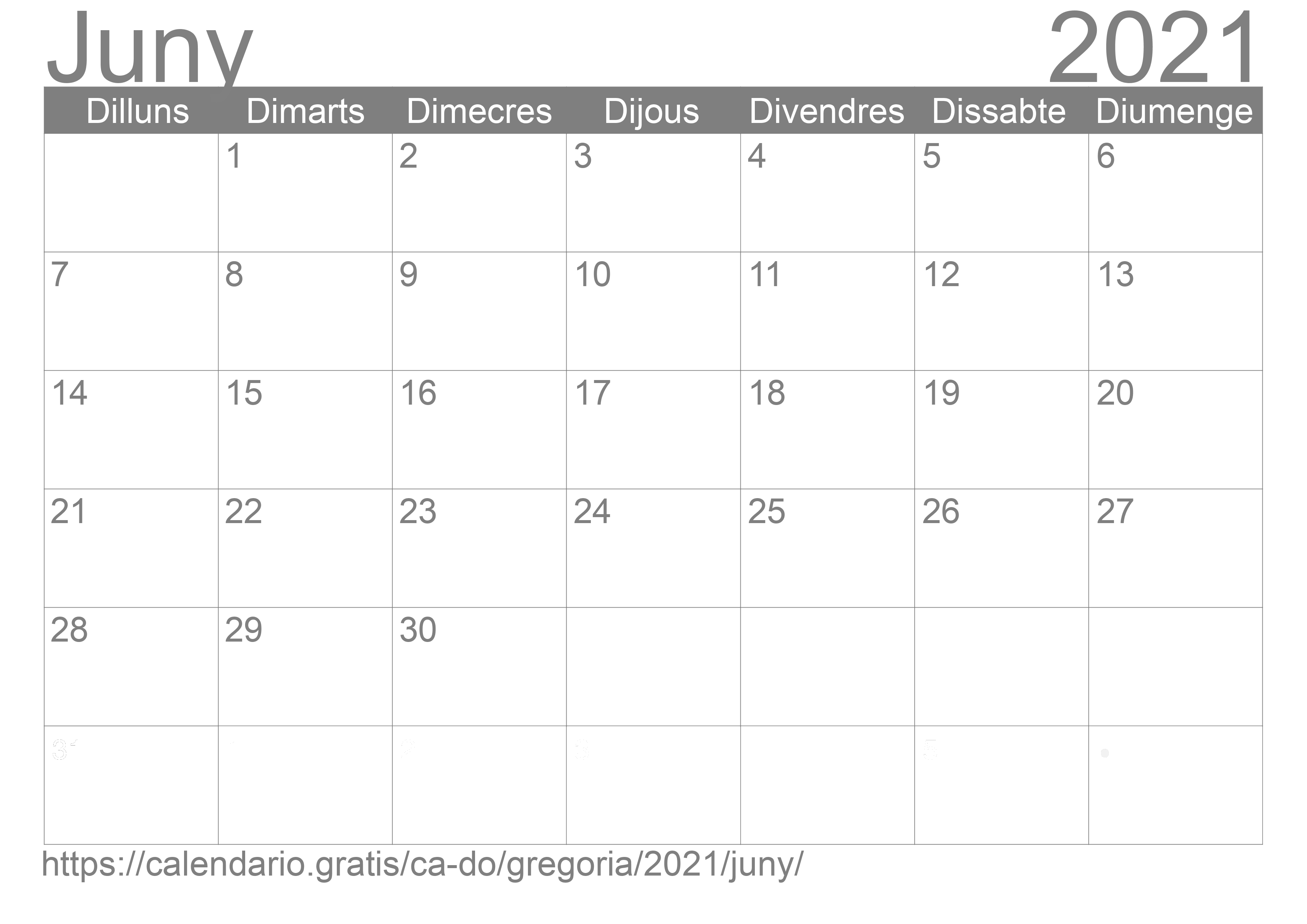 Calendari Juny 2021 per imprimir