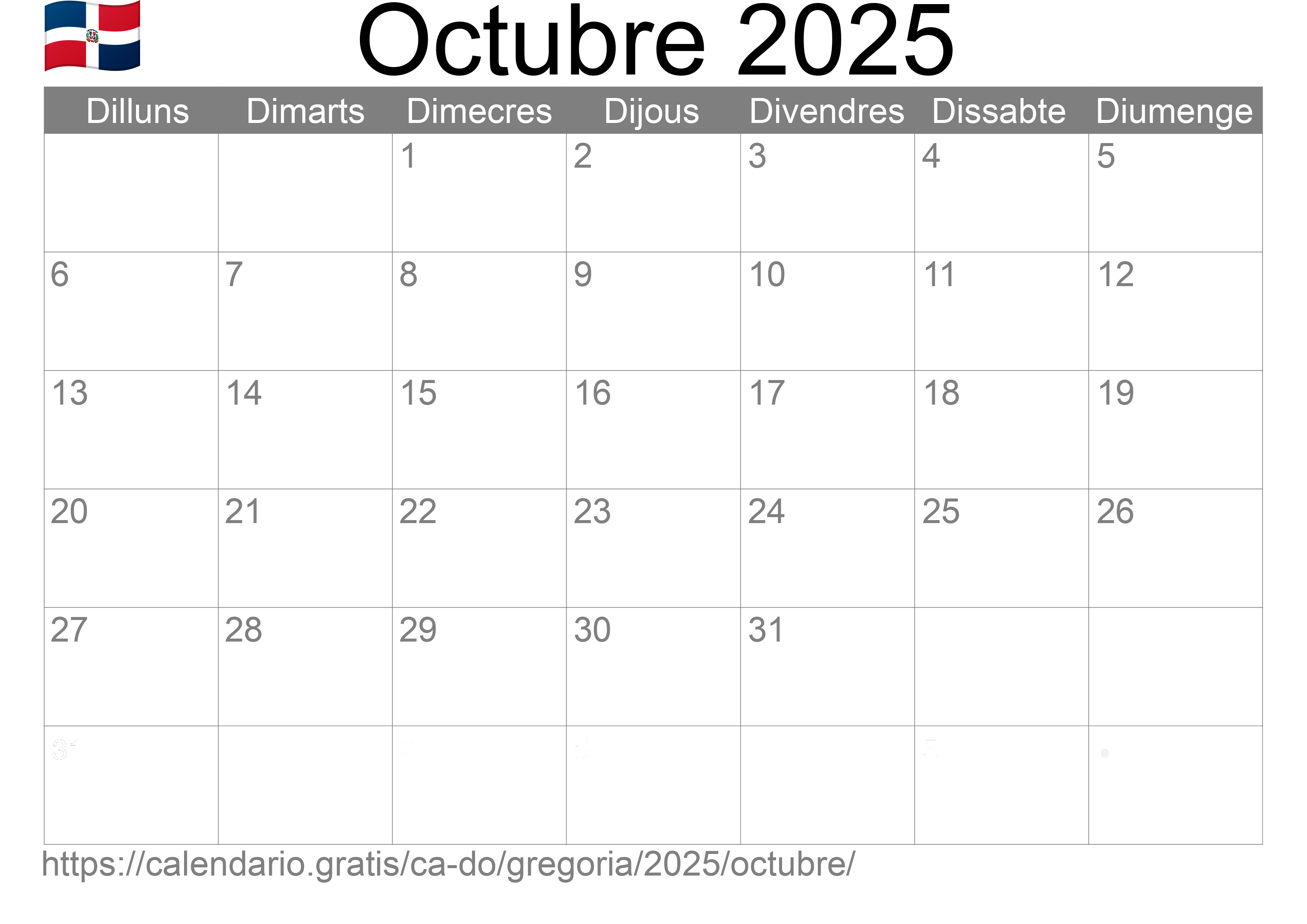 Calendari Octubre 2025 per imprimir