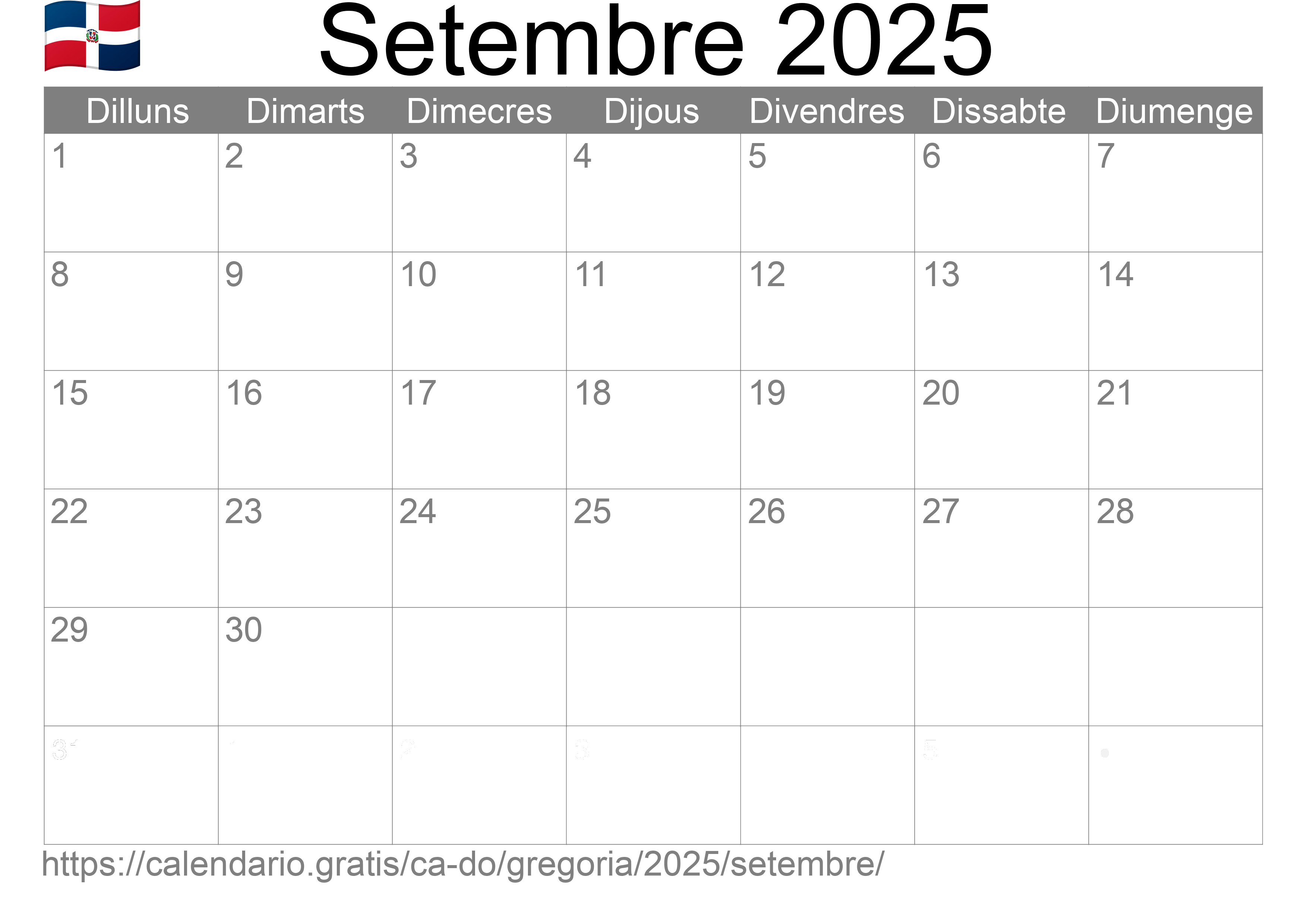 Calendari Setembre 2025 per imprimir