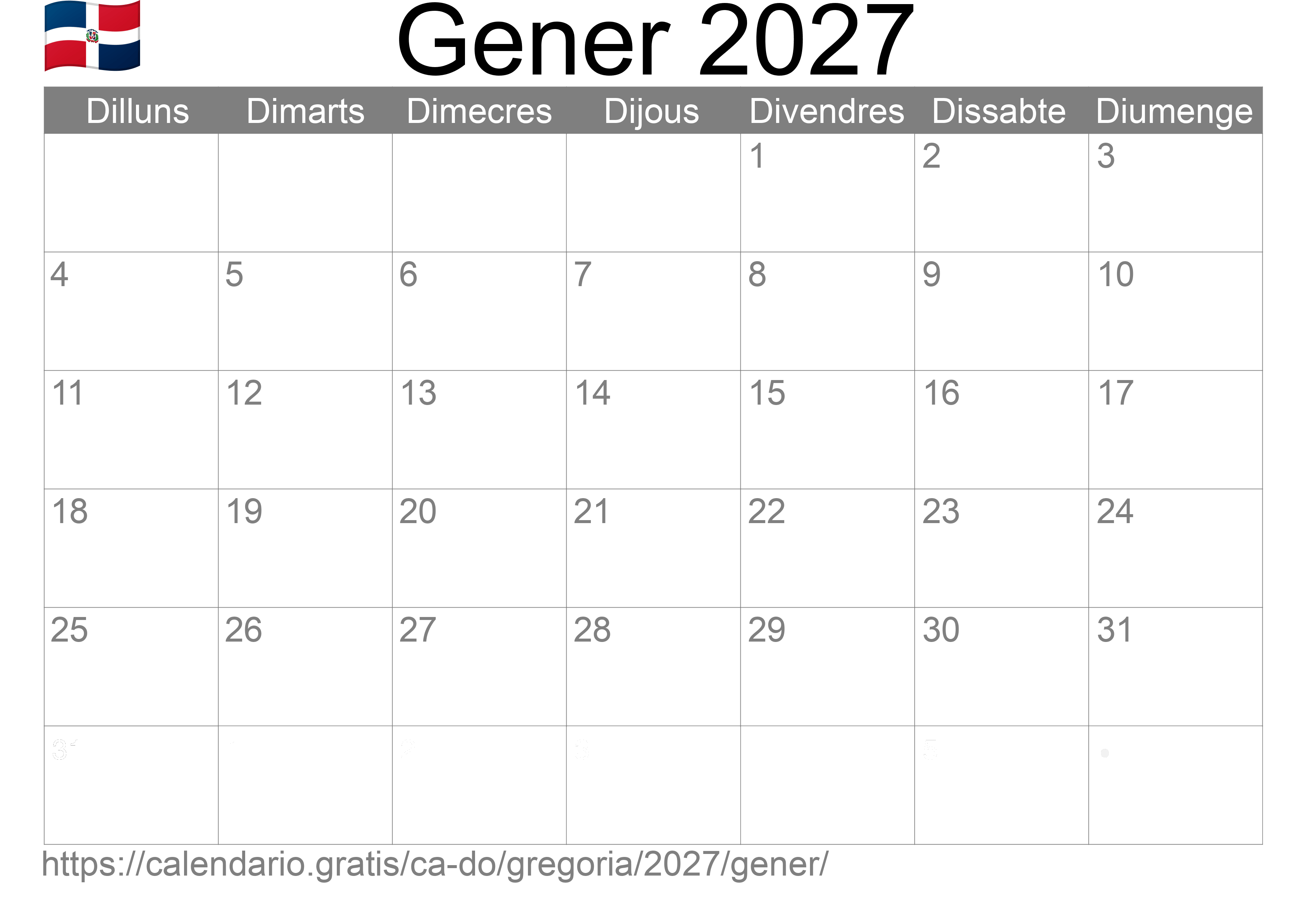 Calendari Gener 2027 per imprimir