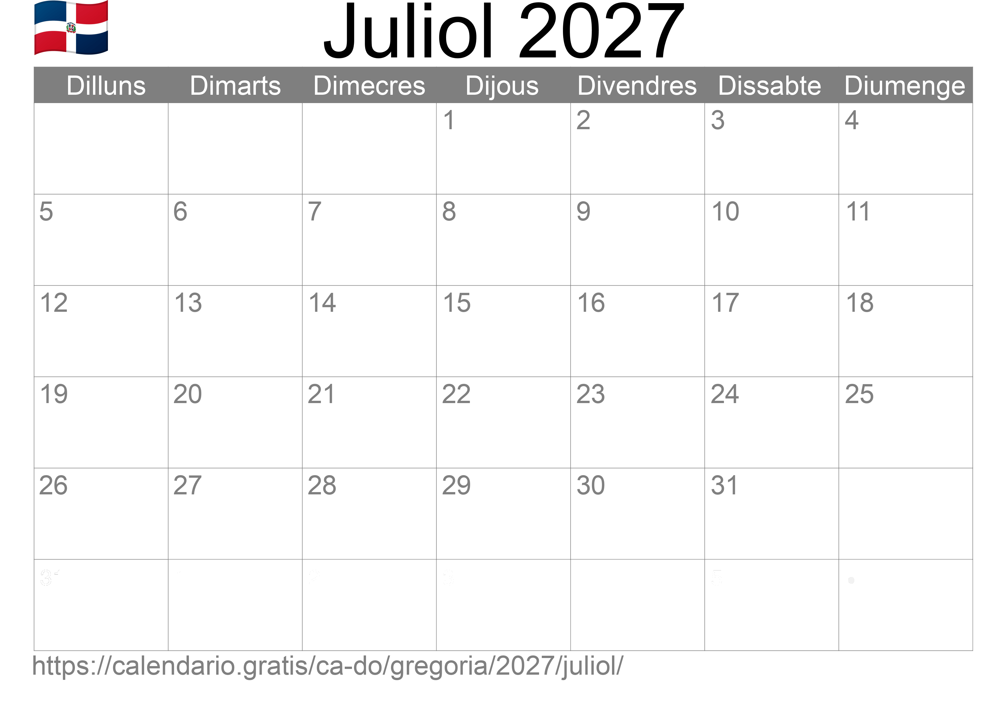 Calendari Juliol 2027 per imprimir