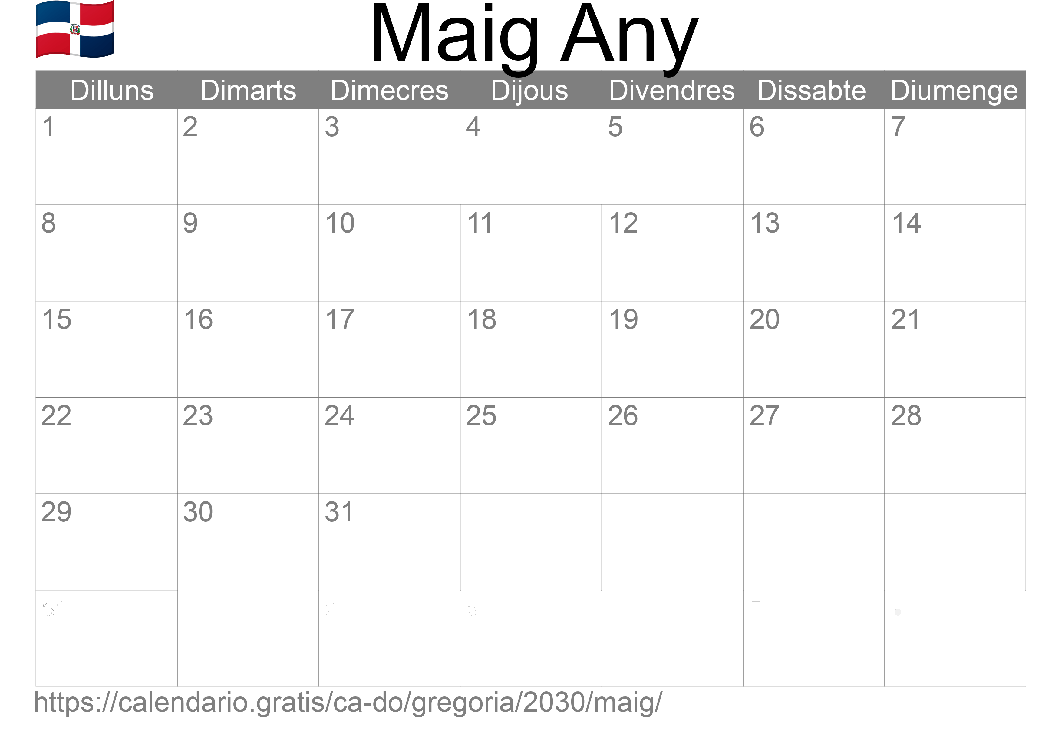 Calendari Maig 2030 per imprimir