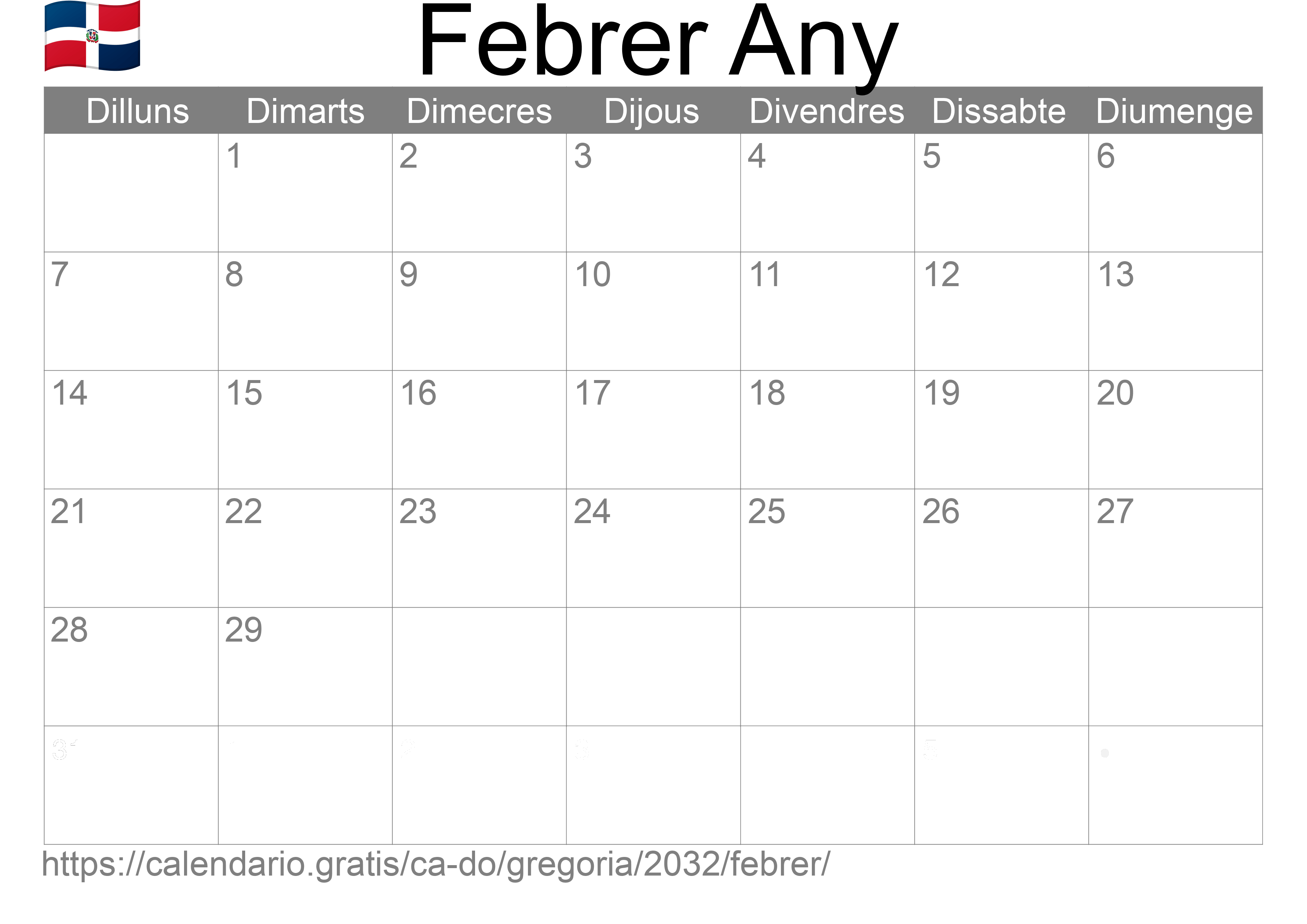 Calendari Febrer 2032 per imprimir