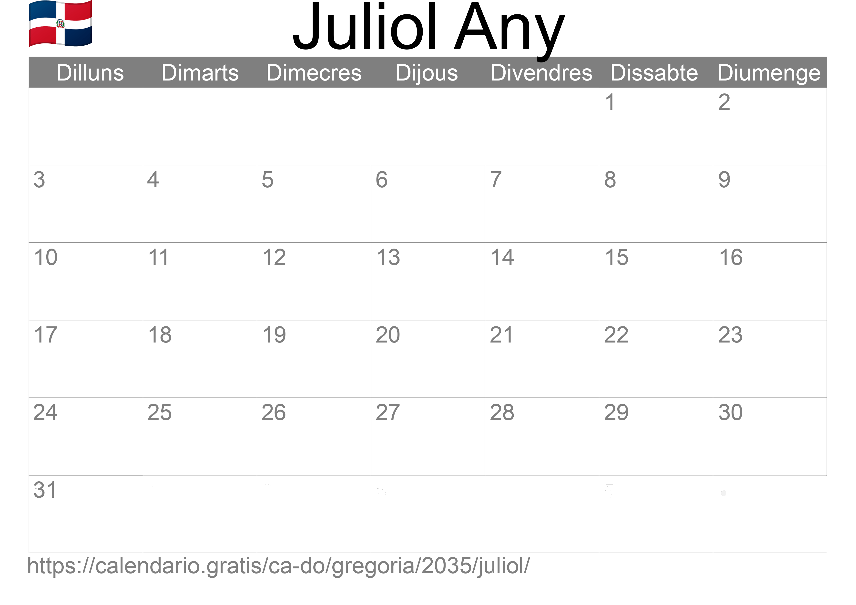 Calendari Juliol 2035 per imprimir