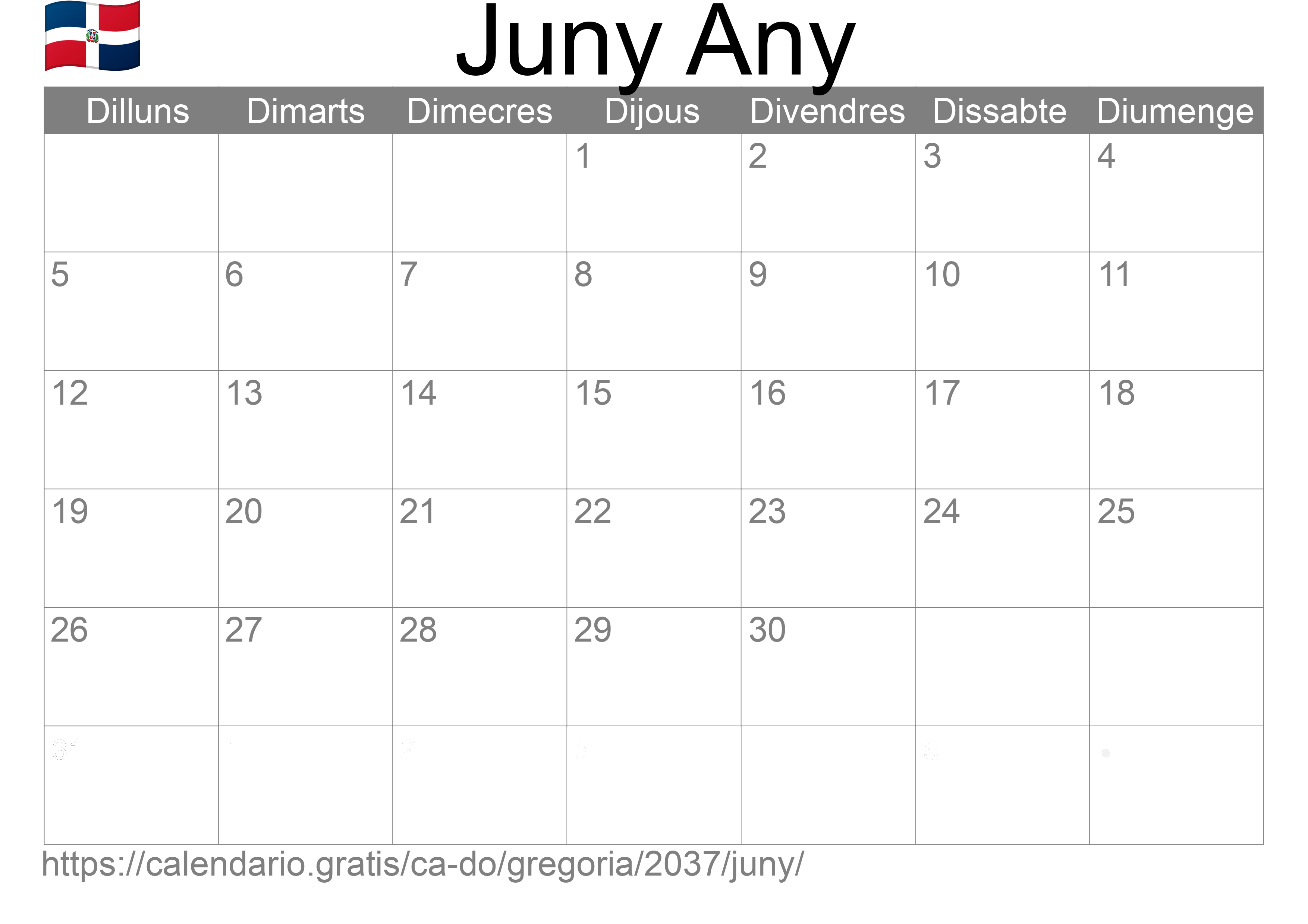 Calendari Juny 2037 per imprimir