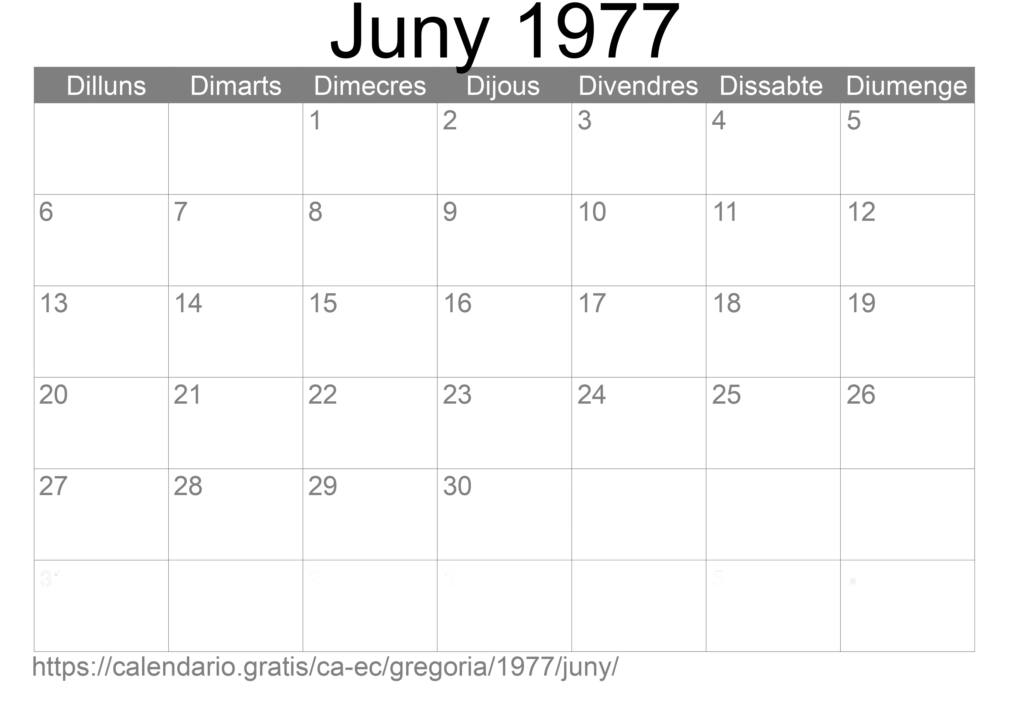 Calendari Juny 1977 per imprimir (Equador)