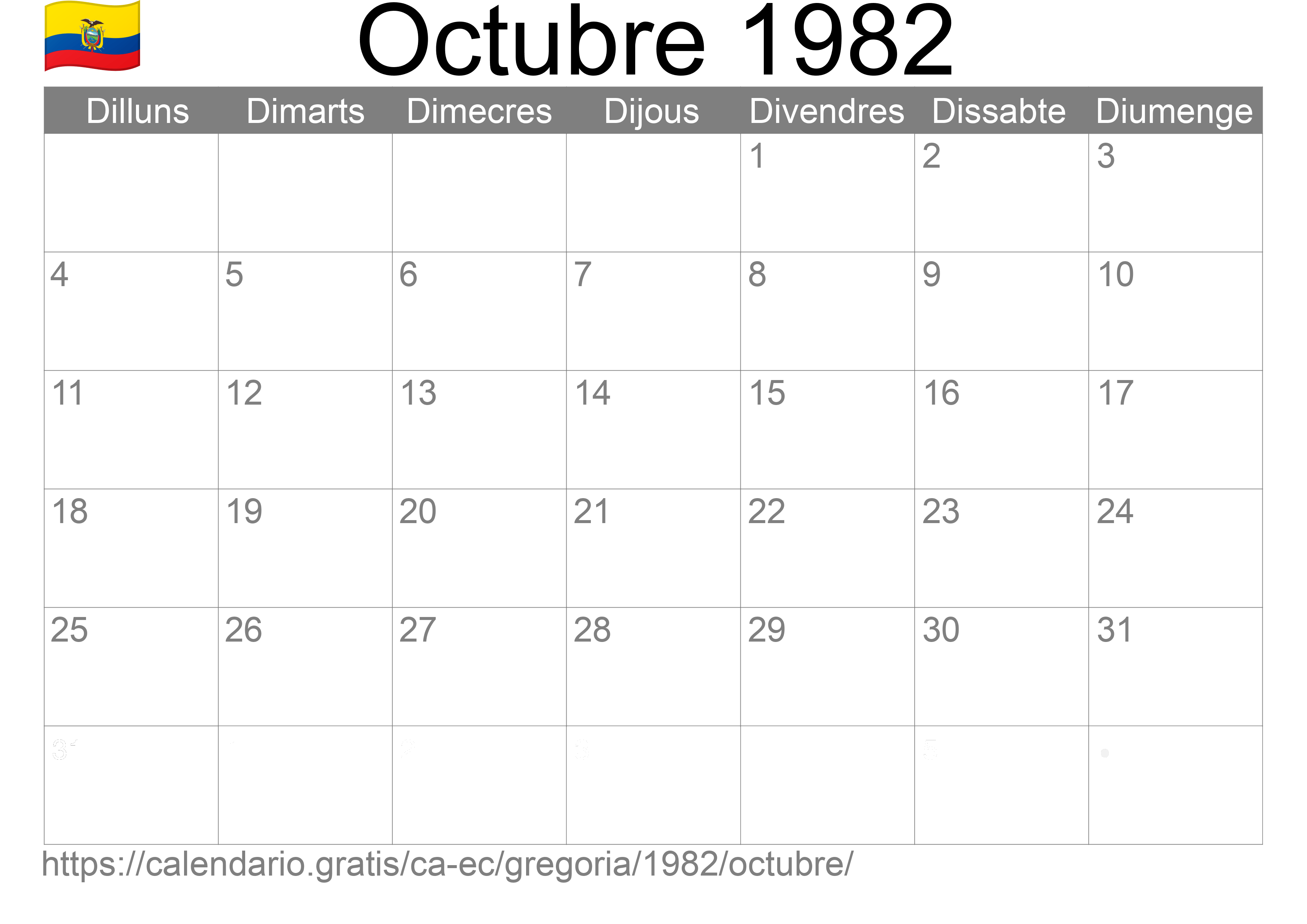 Calendari Octubre 1982 per imprimir