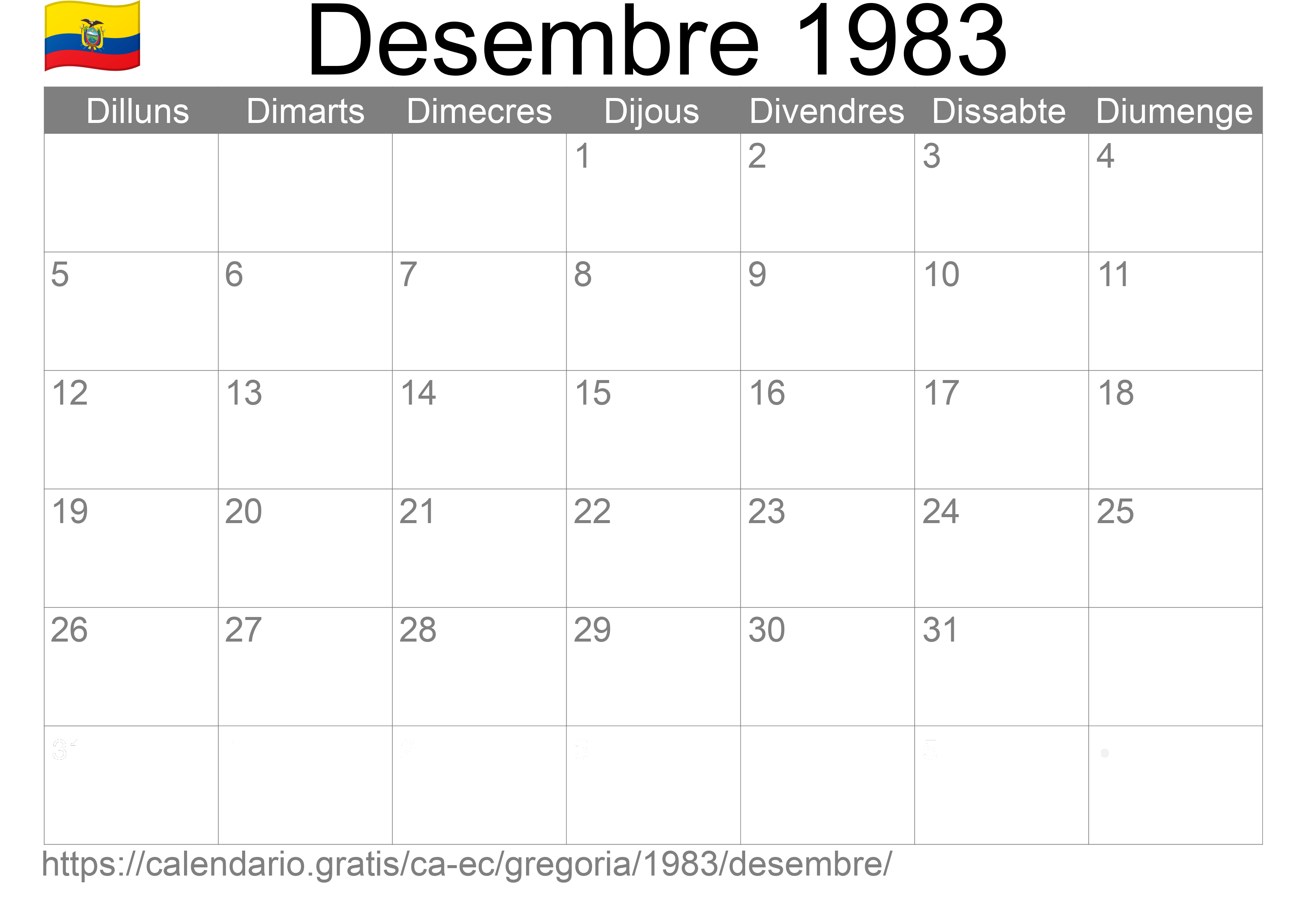 Calendari Desembre 1983 per imprimir