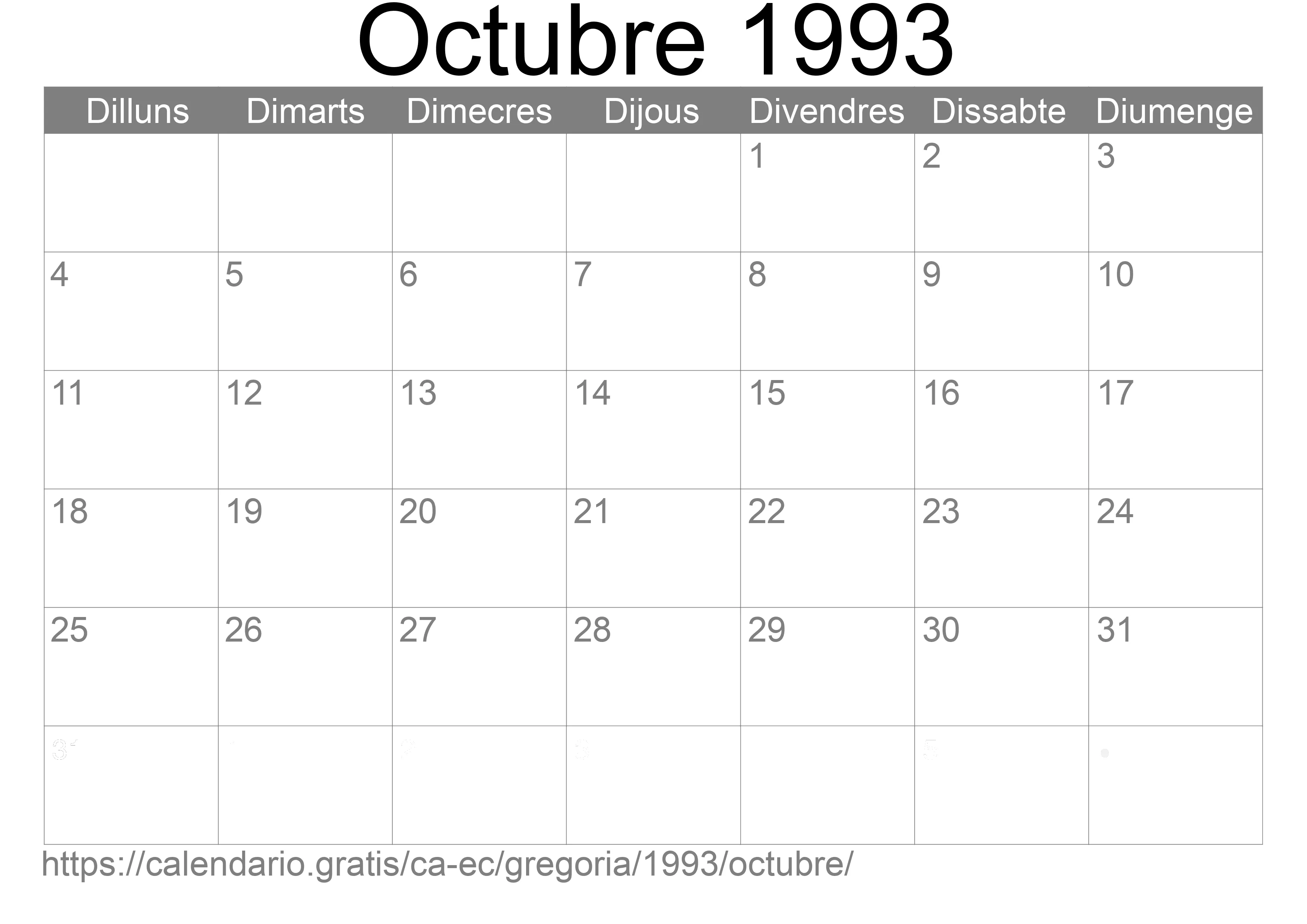 Calendari Octubre 1993 per imprimir (Equador)