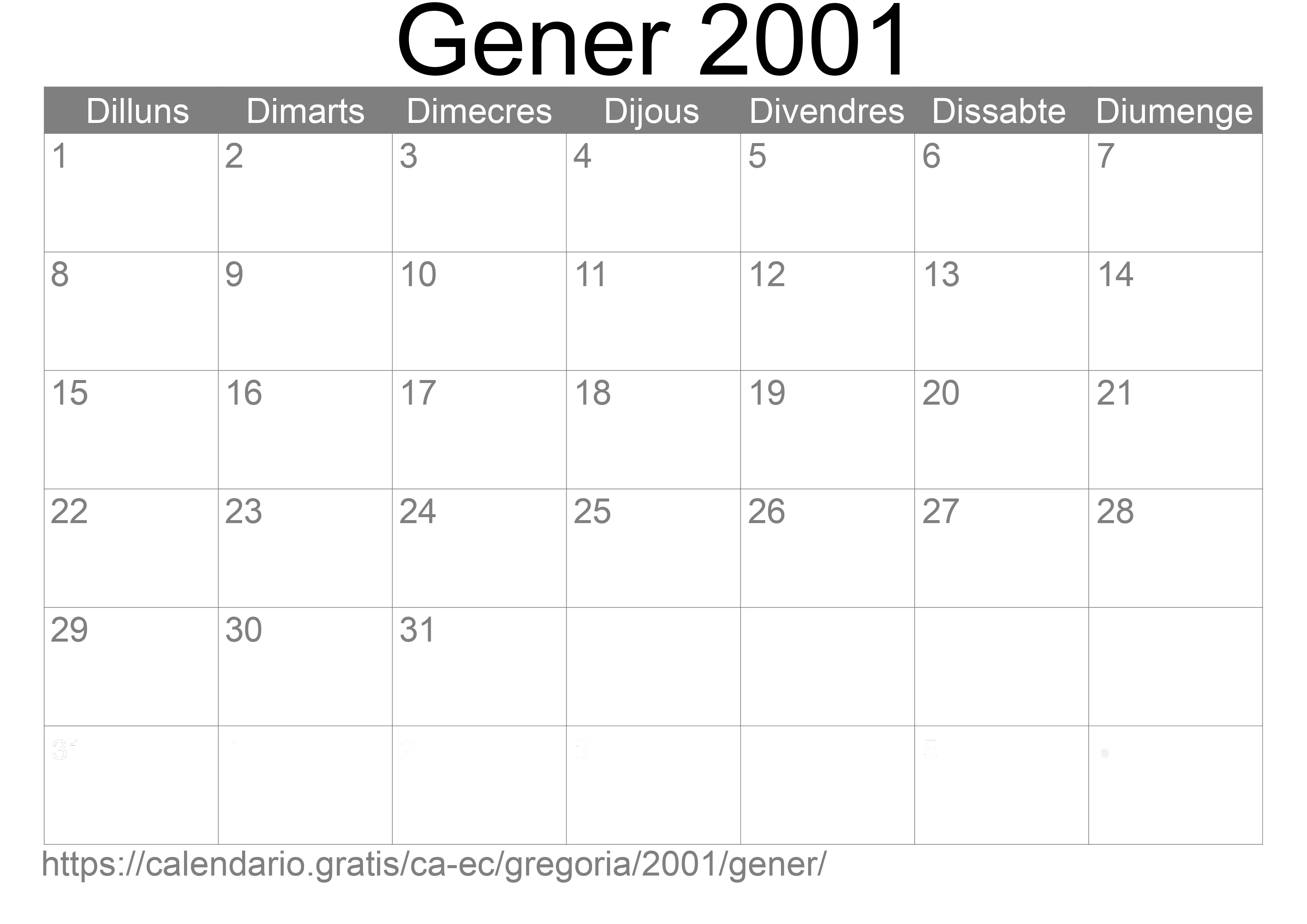 Calendari Gener 2001 per imprimir (Equador)
