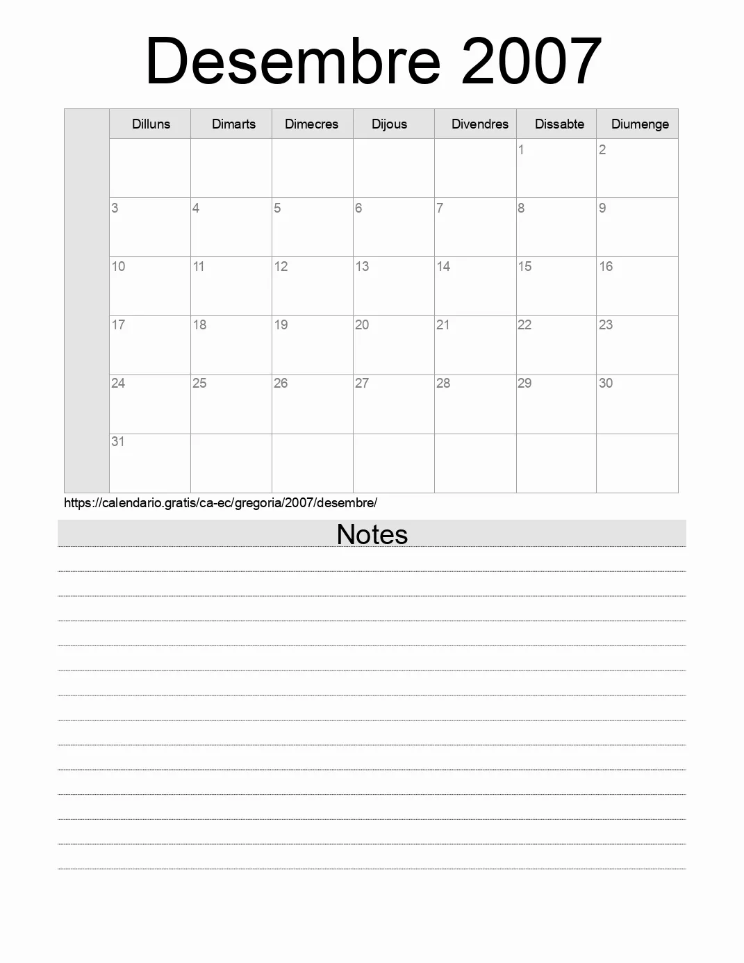 Calendari de Desembre 2007 per imprimir amb notes. (Equador)