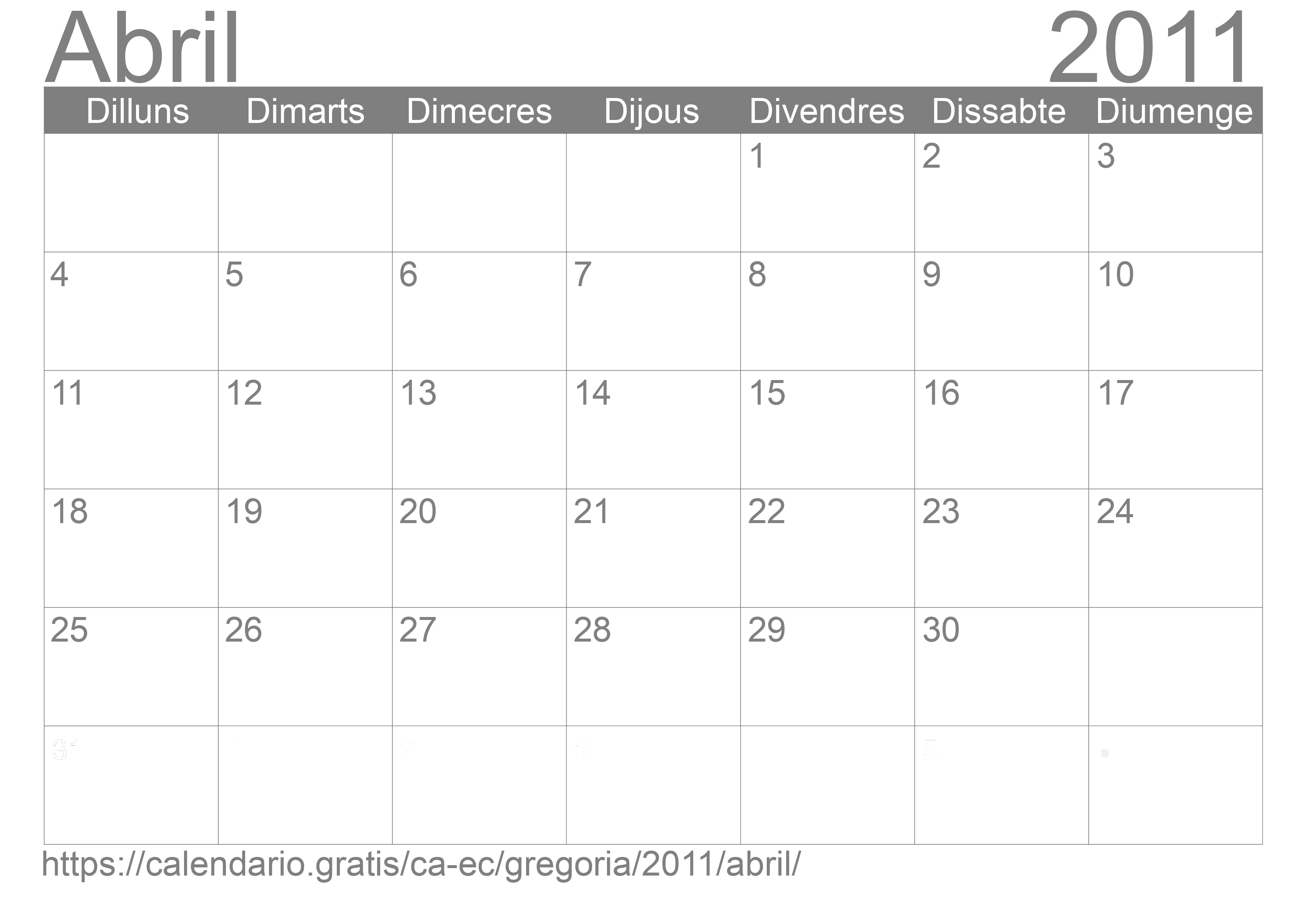 Calendari Abril 2011 per imprimir