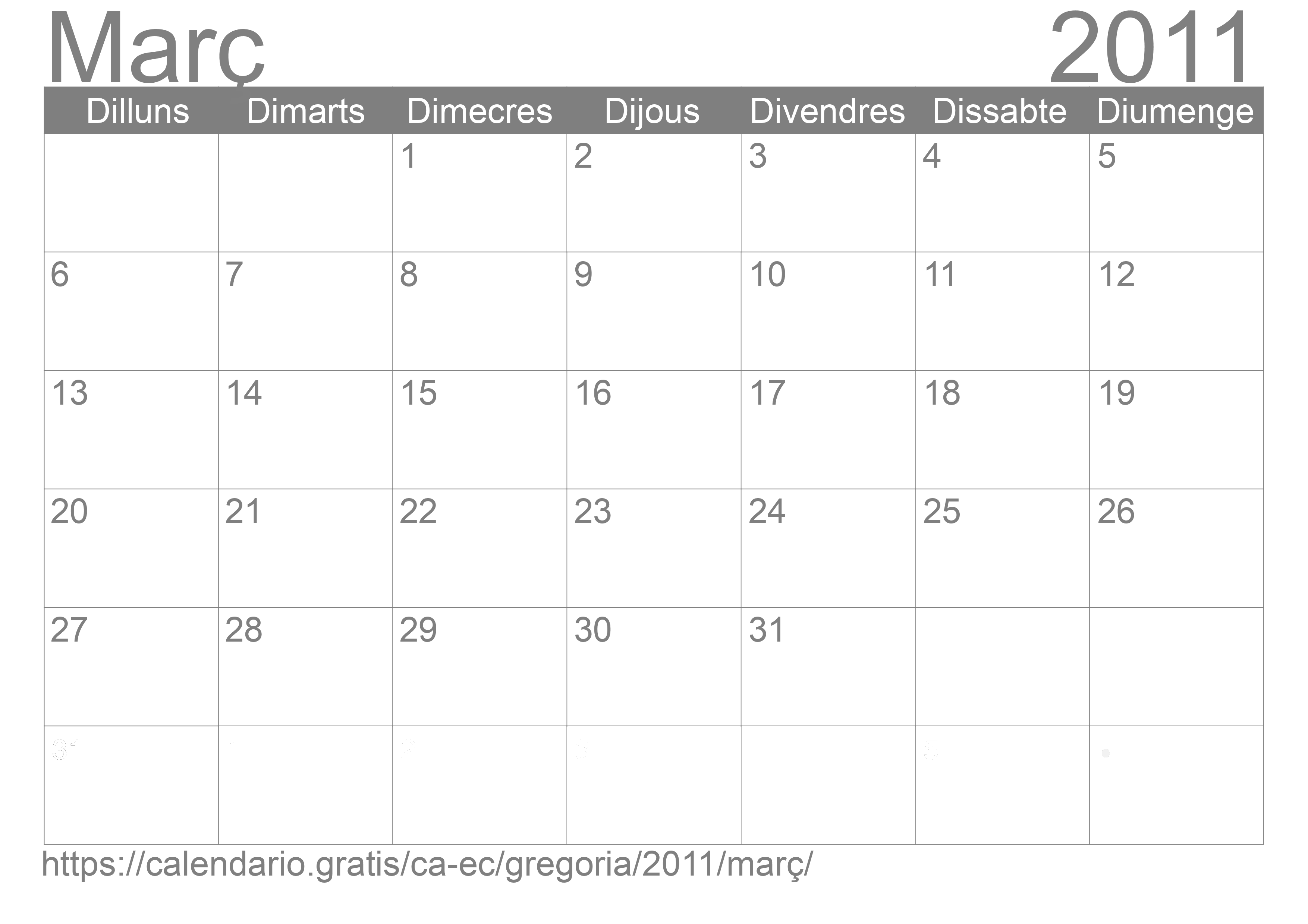 Calendari Març 2011 per imprimir