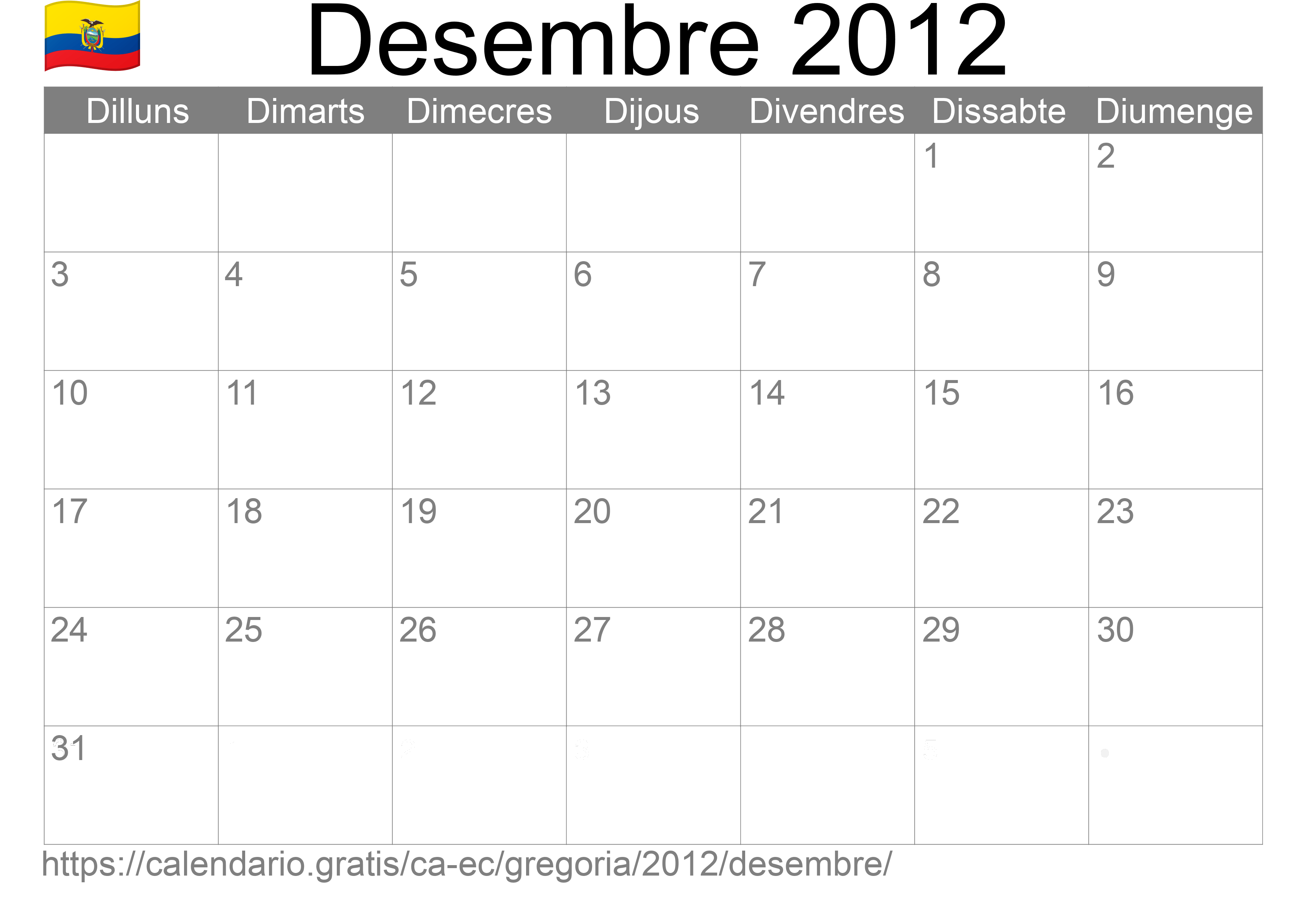 Calendari Desembre 2012 per imprimir