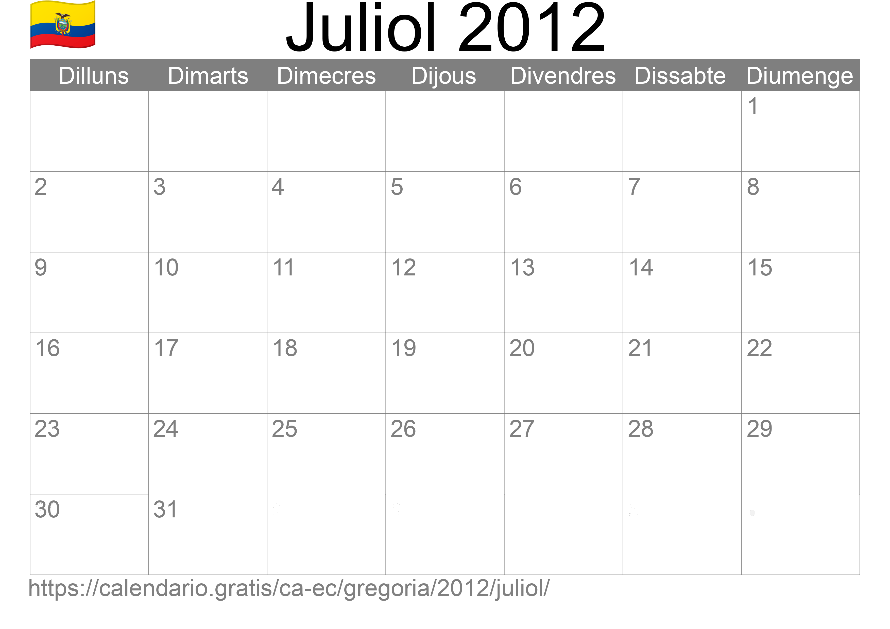 Calendari Juliol 2012 per imprimir