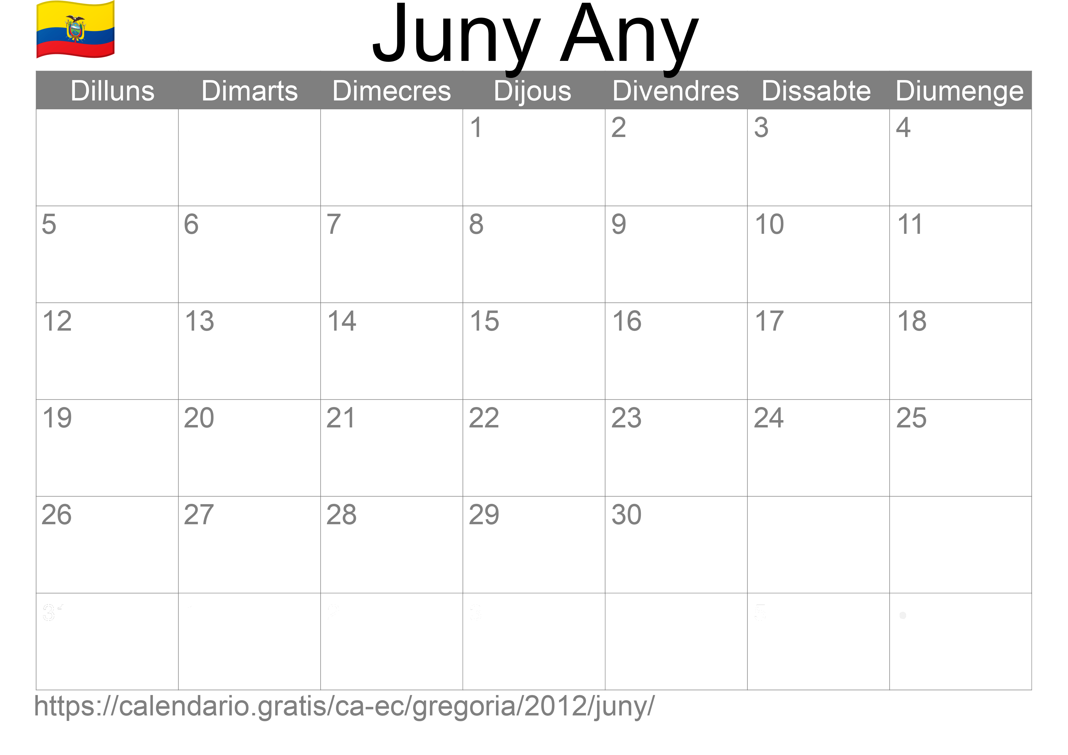 Calendari Juny 2012 per imprimir