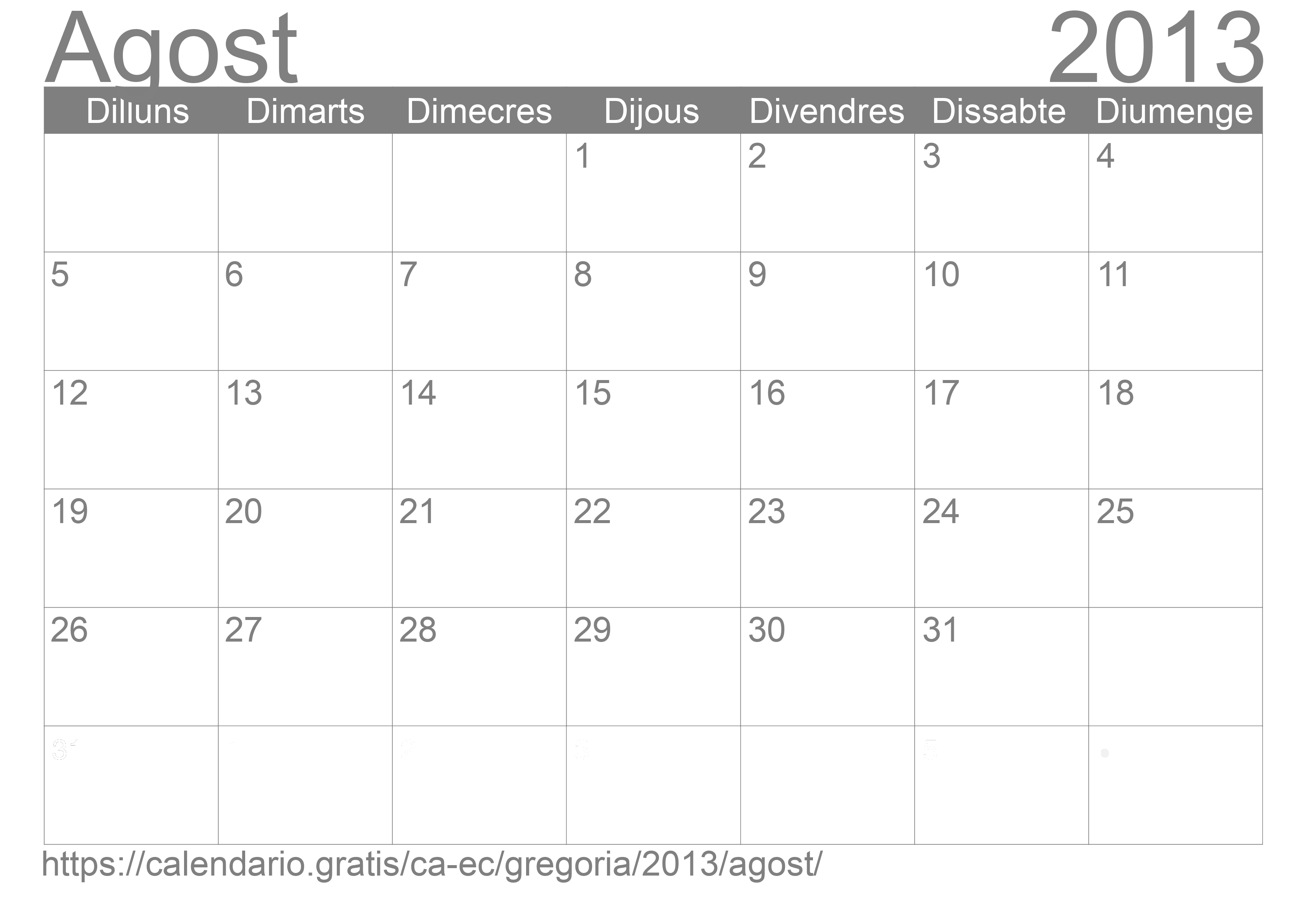 Calendari Agost 2013 per imprimir