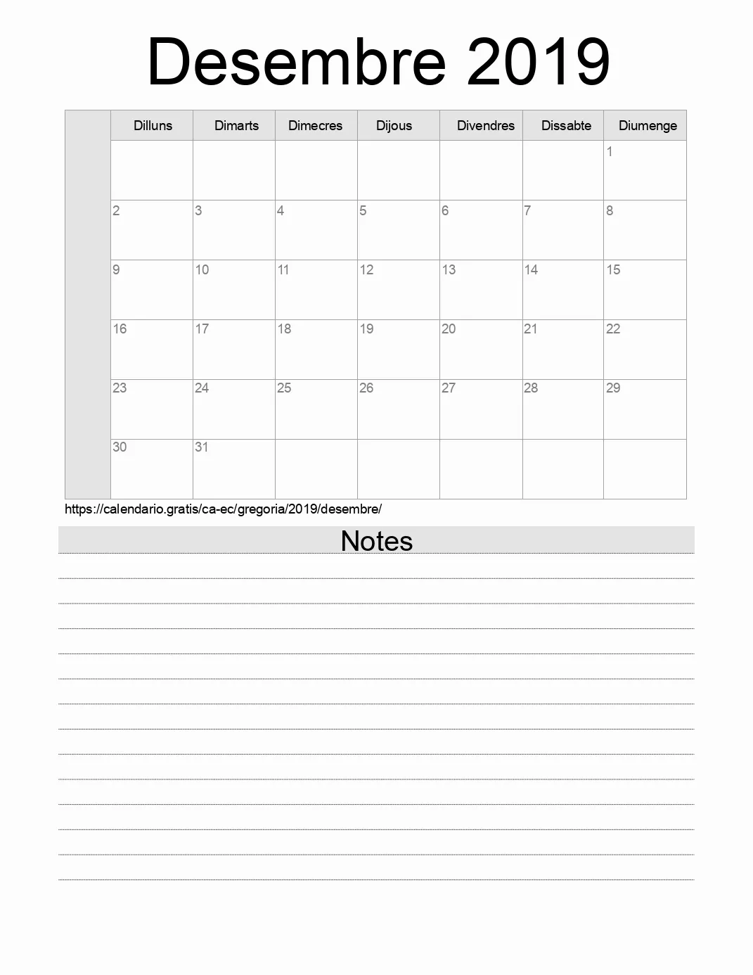 Calendari de Desembre 2019 per imprimir amb notes. (Equador)