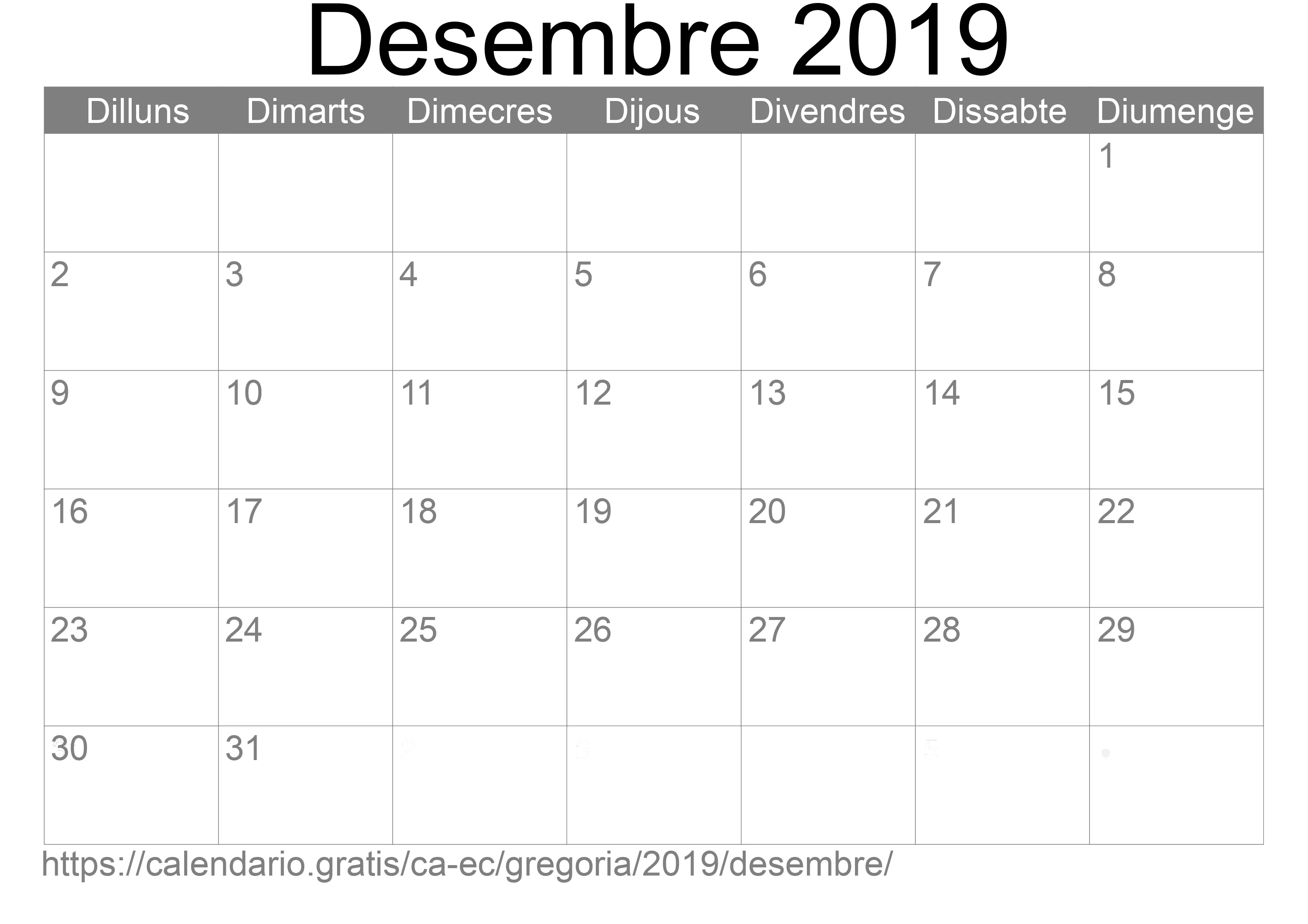 Calendari Desembre 2019 per imprimir (Equador)