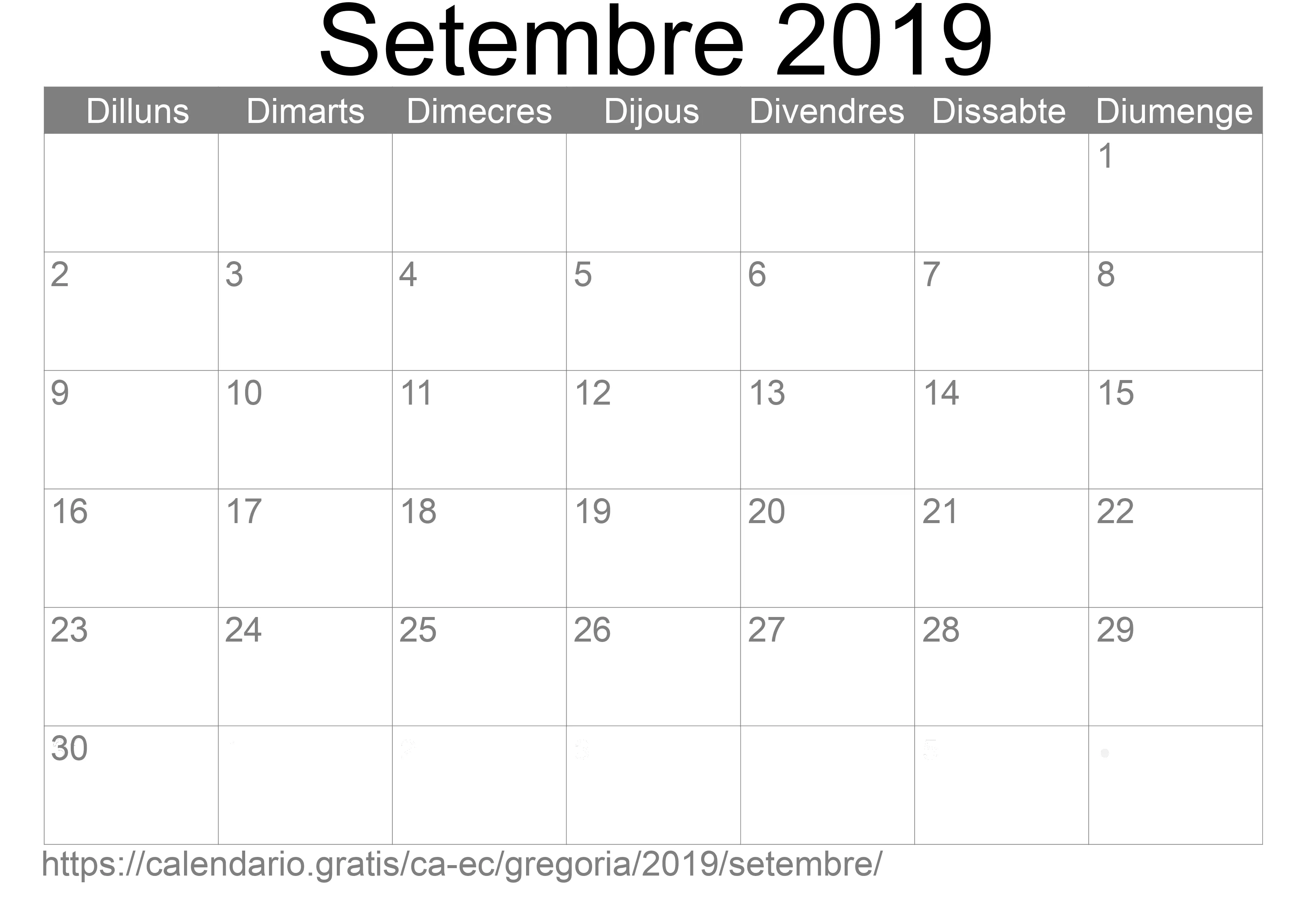 Calendari Setembre 2019 per imprimir (Equador)