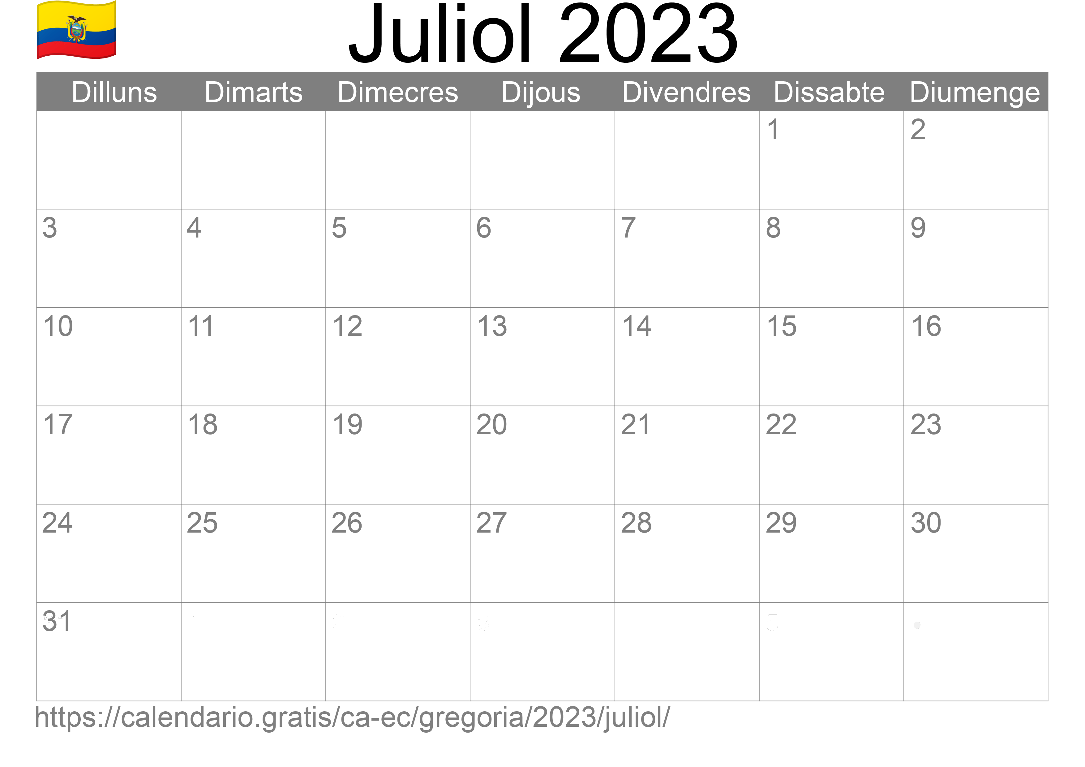 Calendari Juliol 2023 per imprimir