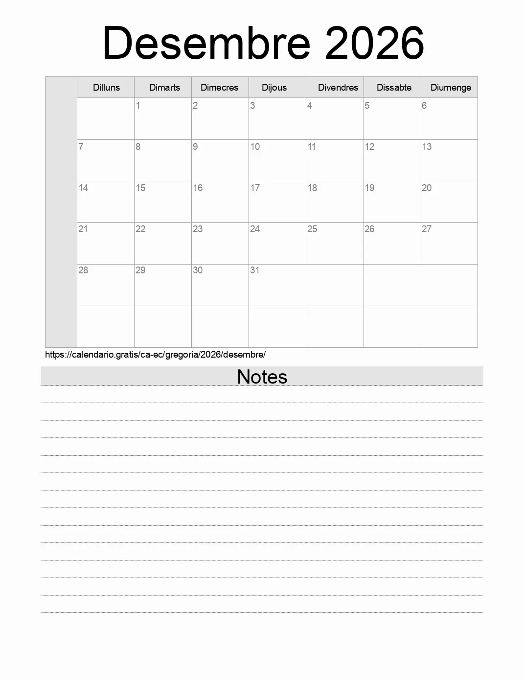Calendari de Desembre 2026 per imprimir amb notes. (Equador)