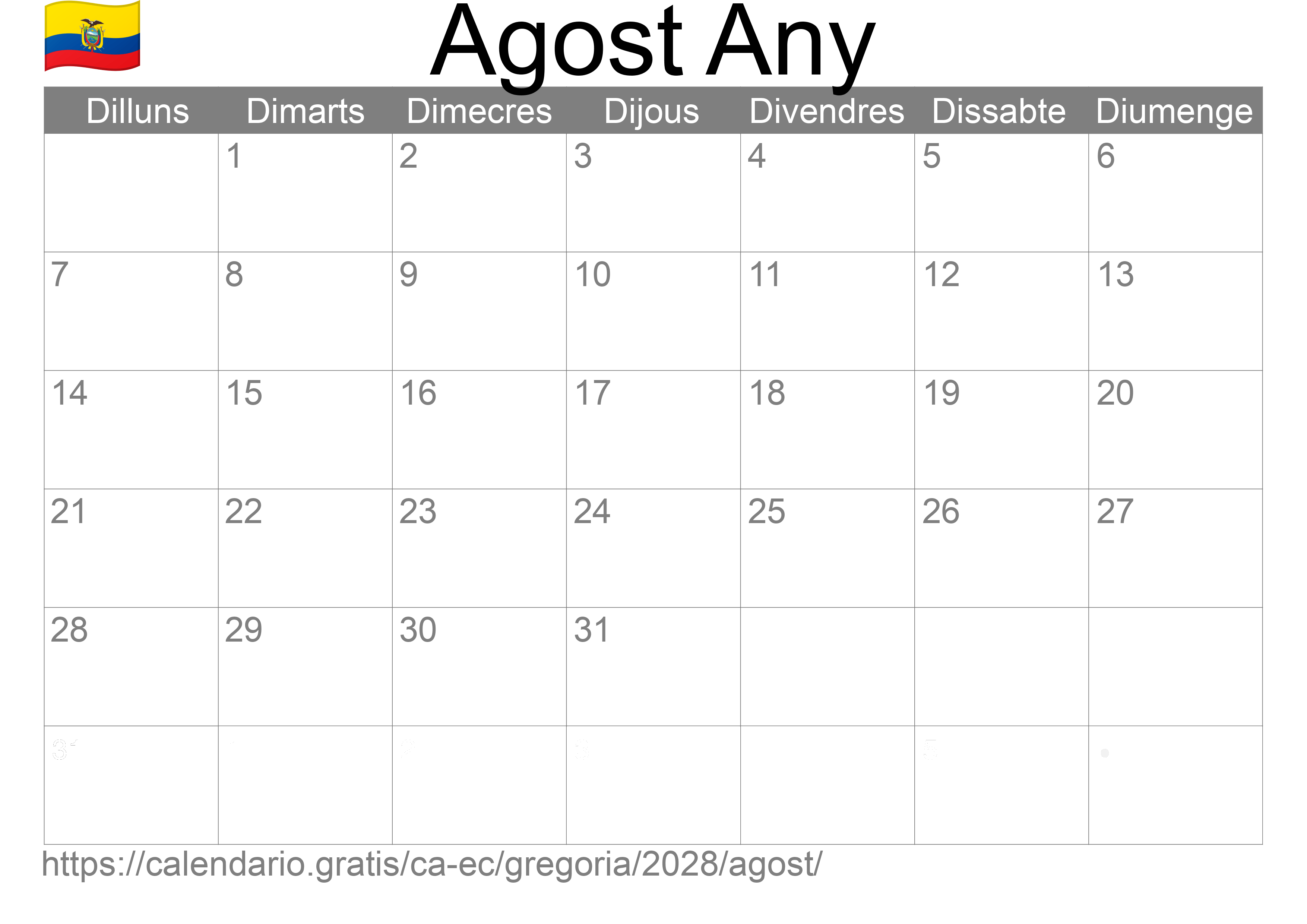 Calendari Agost 2028 per imprimir