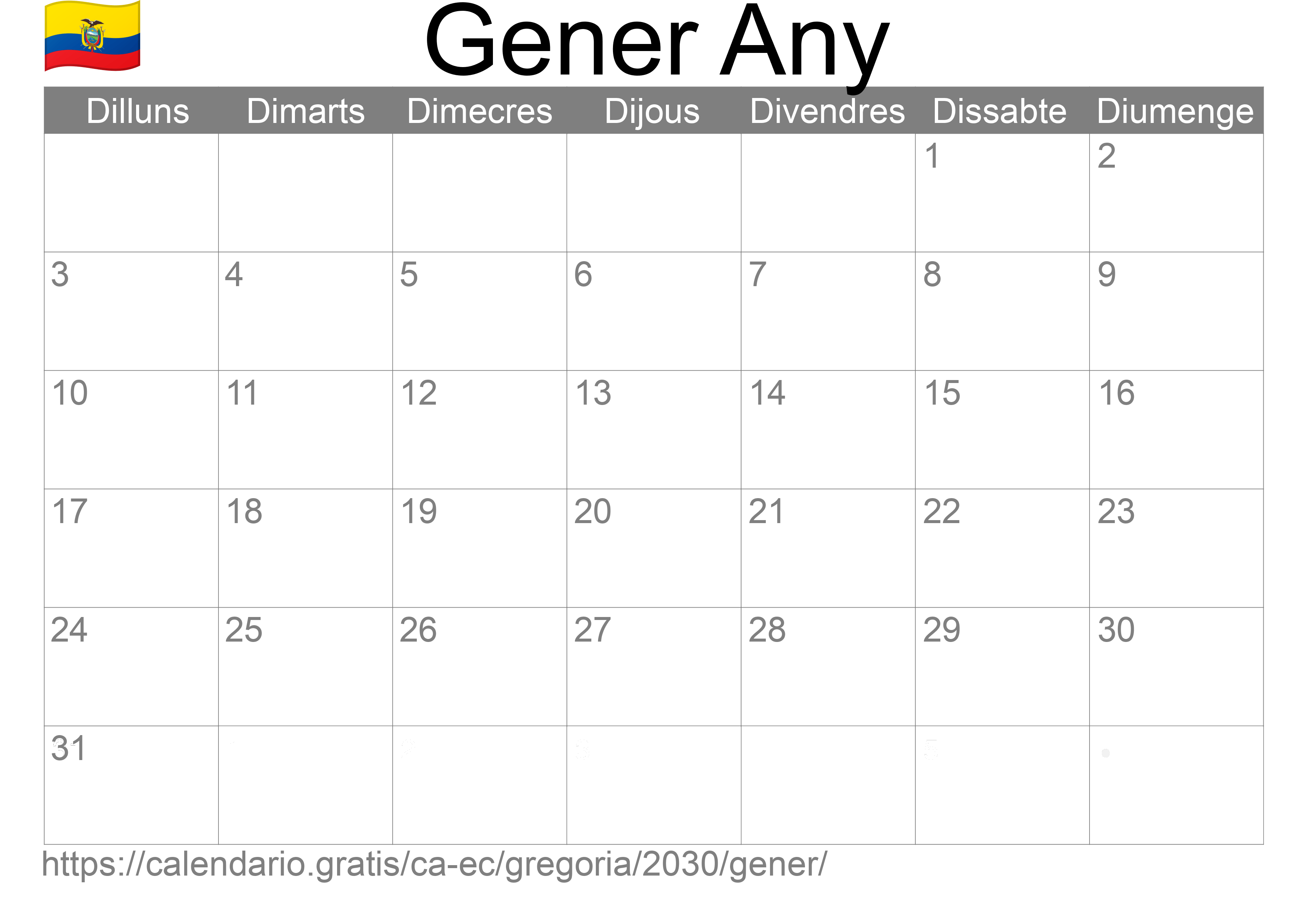 Calendari Gener 2030 per imprimir