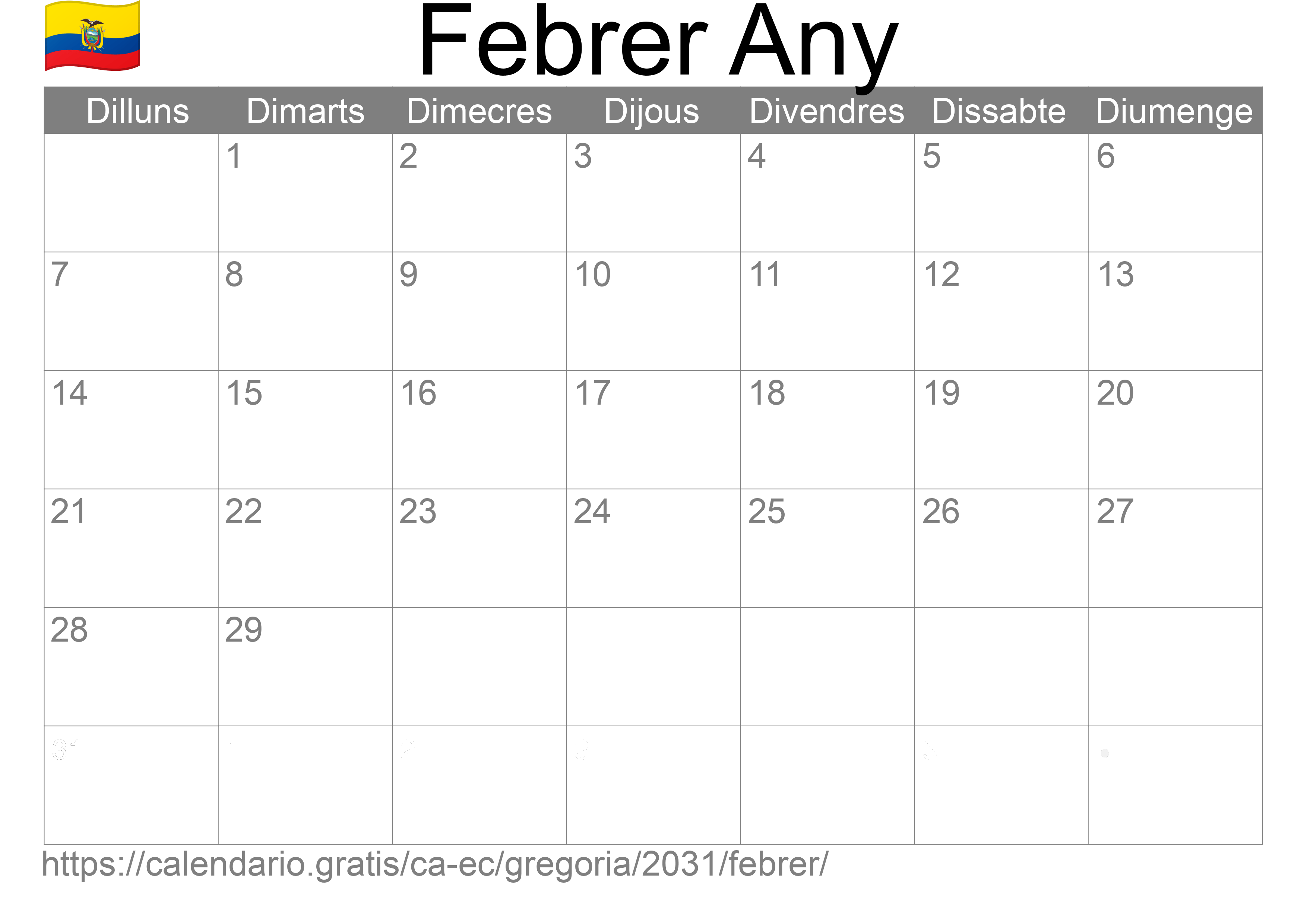 Calendari Febrer 2031 per imprimir