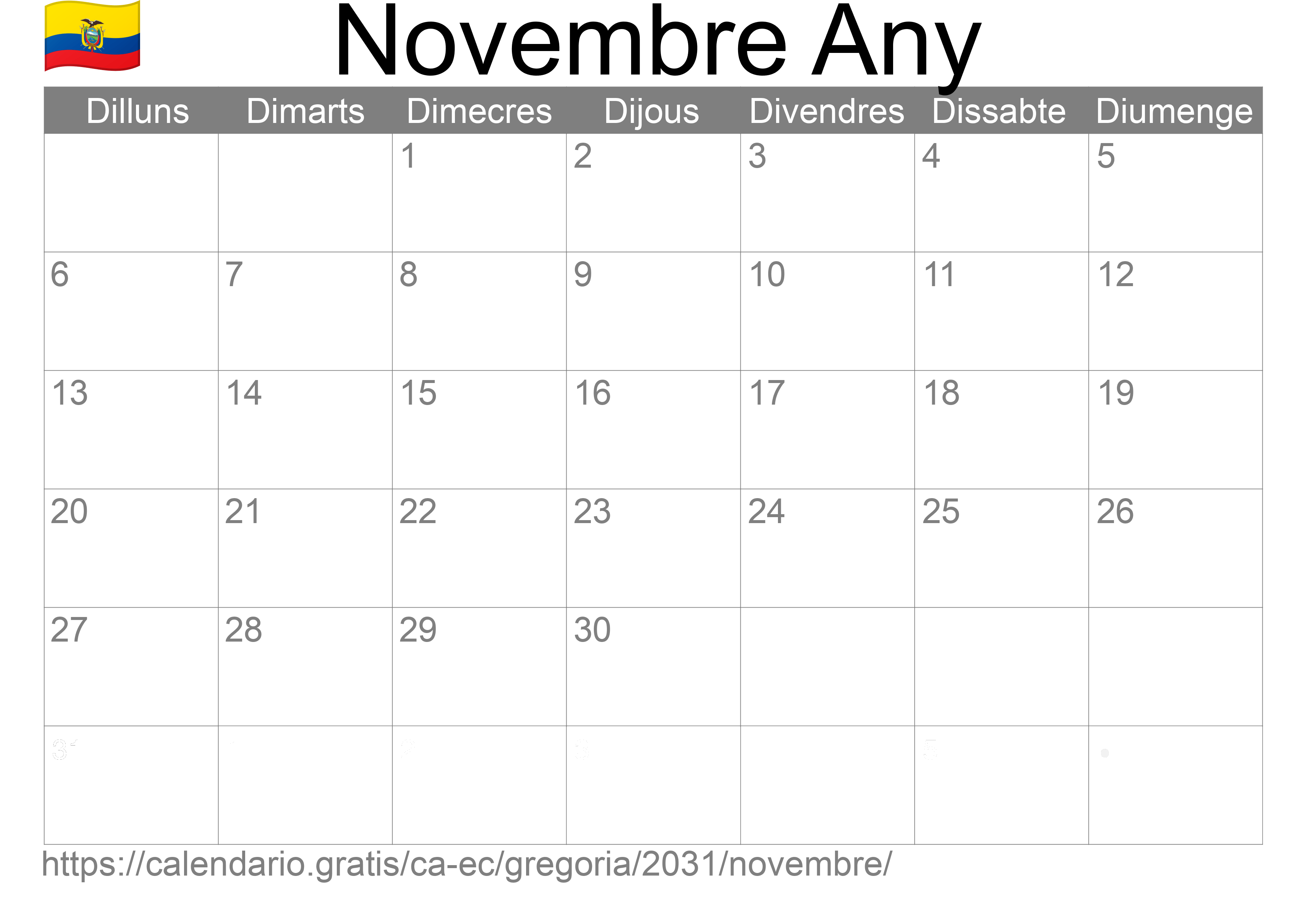 Calendari Novembre 2031 per imprimir