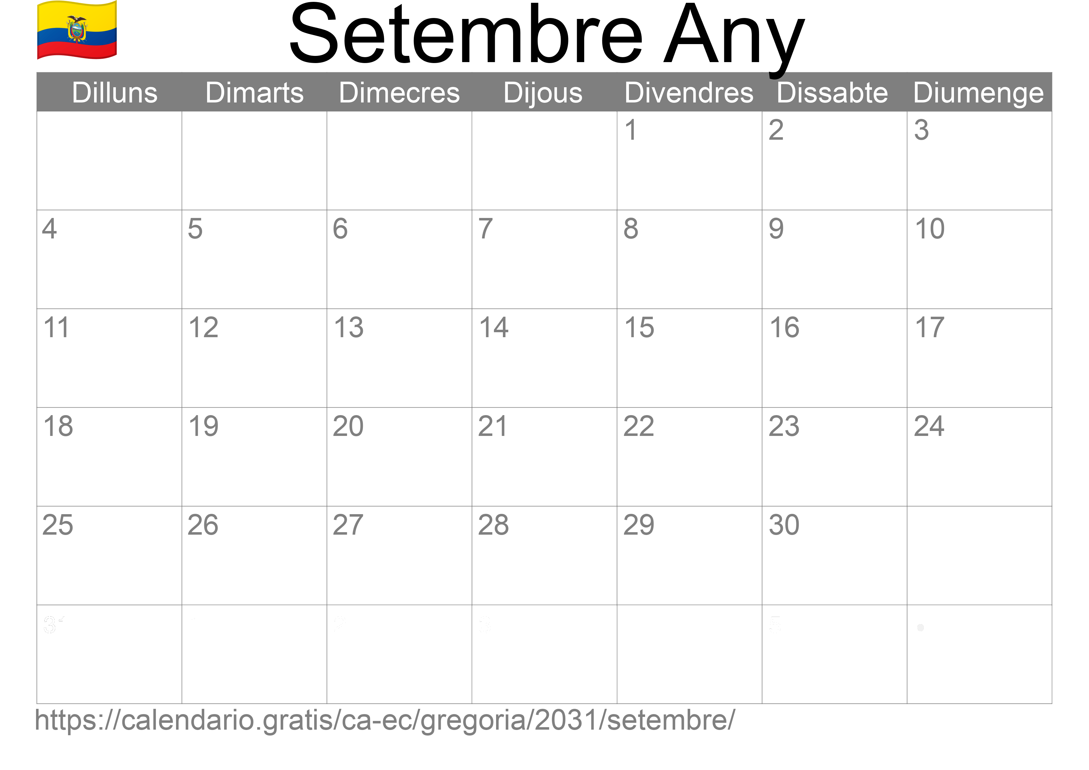 Calendari Setembre 2031 per imprimir