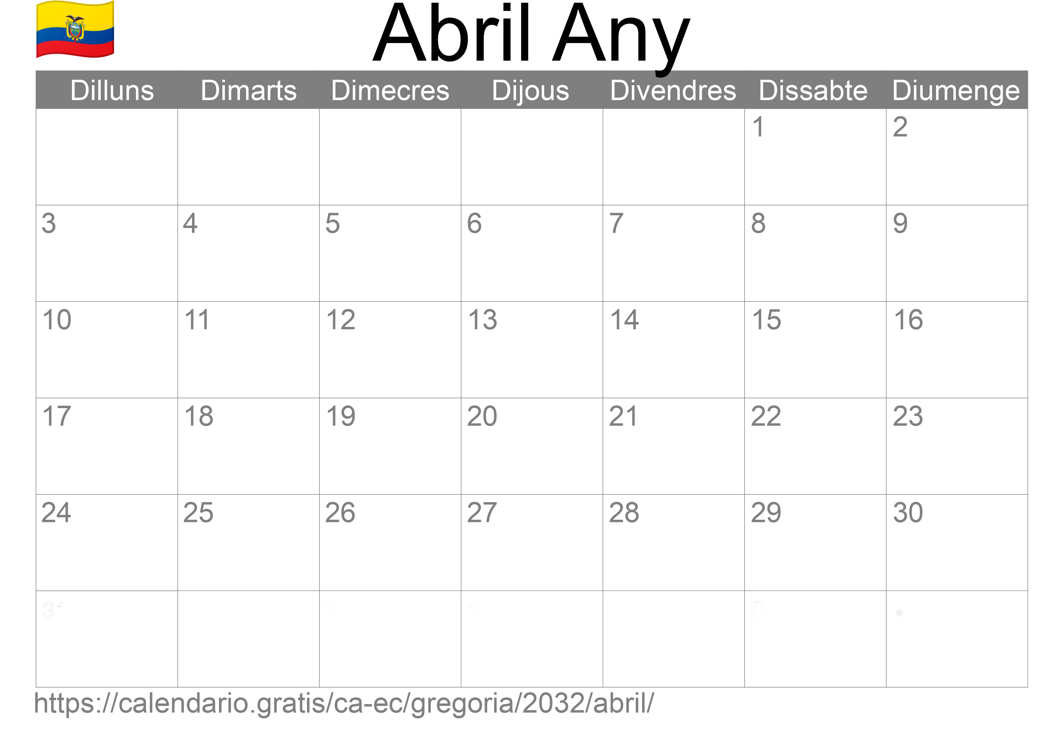 Calendari Abril 2032 per imprimir