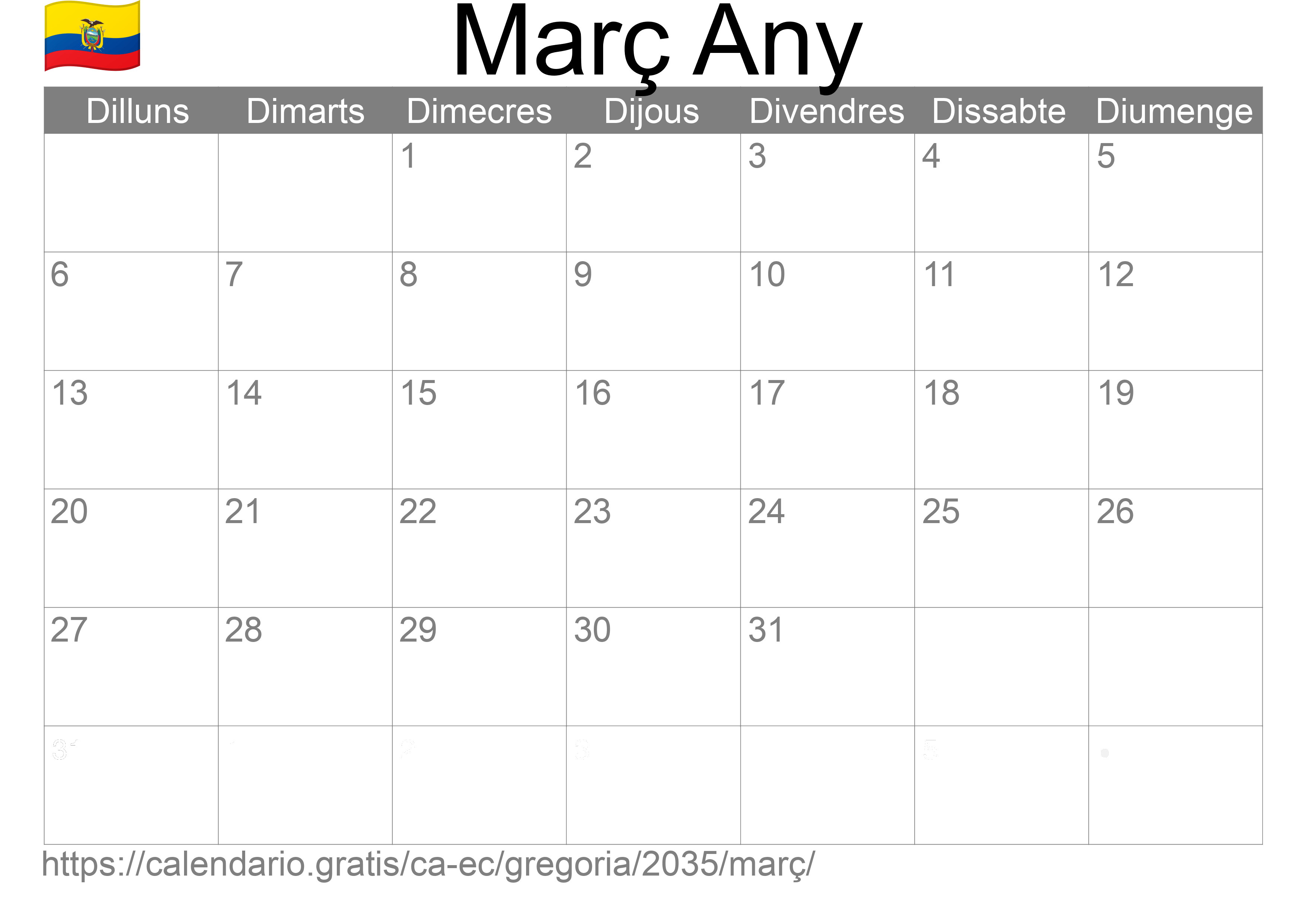 Calendari Març 2035 per imprimir