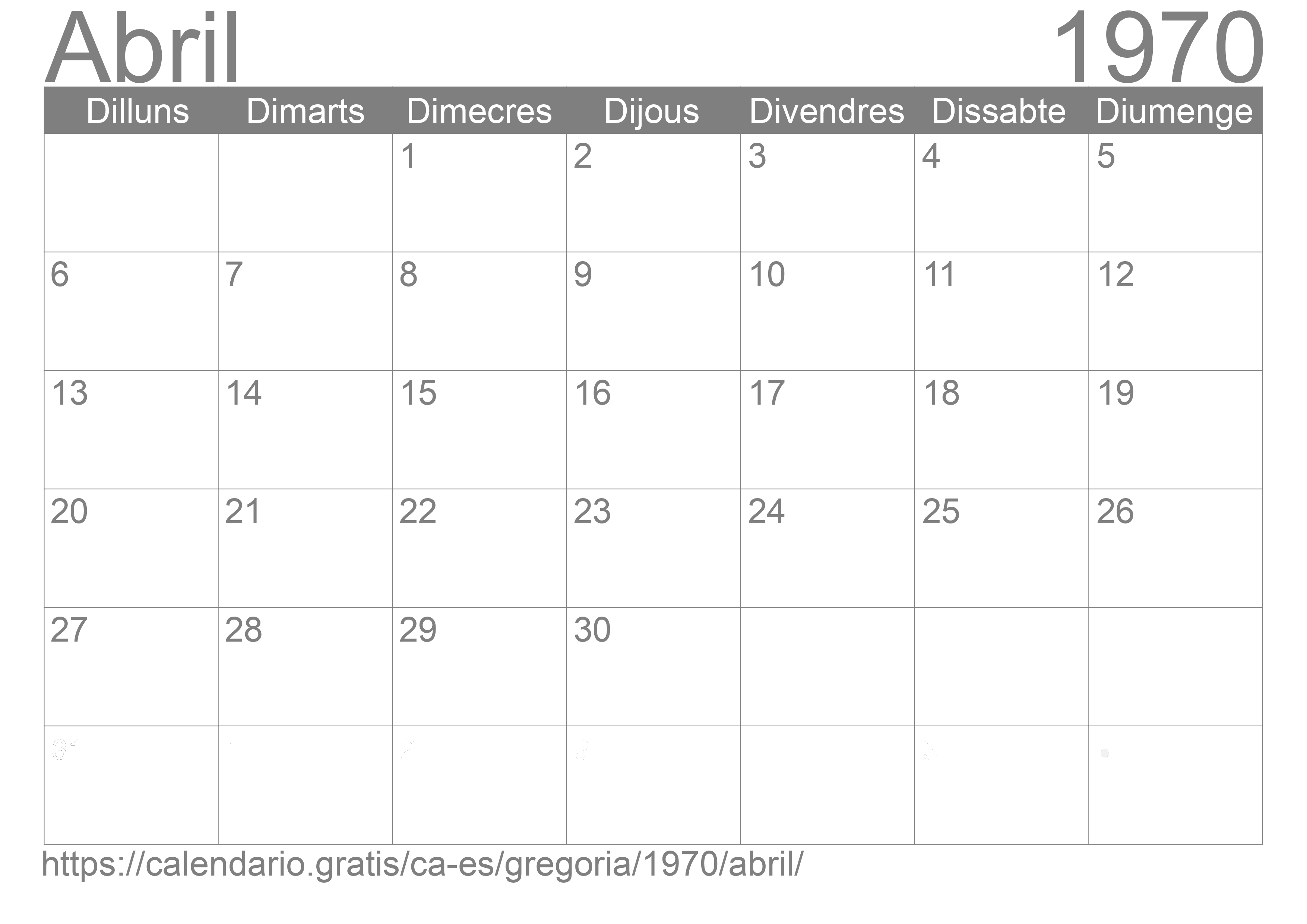 Calendari Abril 1970 per imprimir