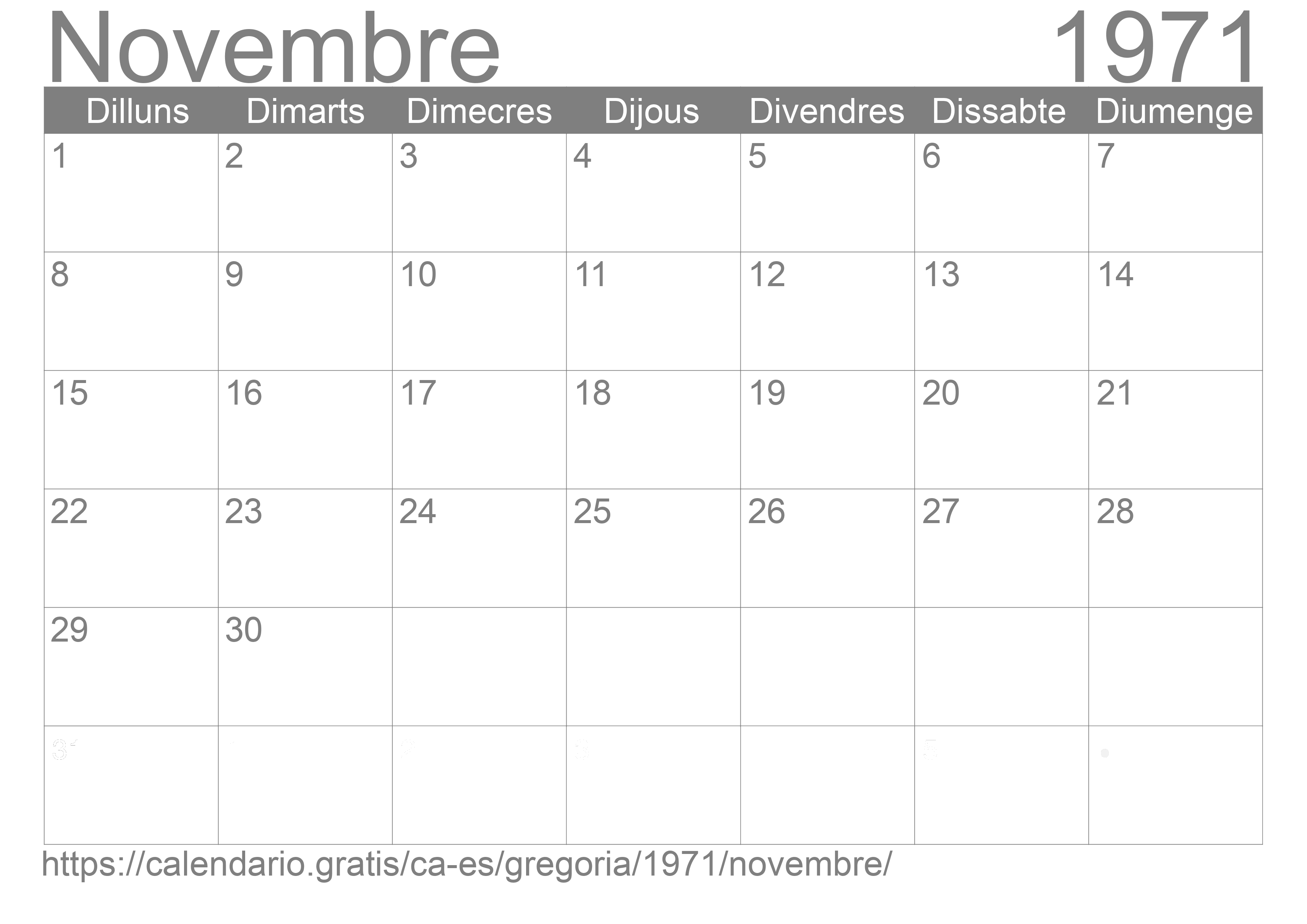 Calendari Novembre 1971 per imprimir